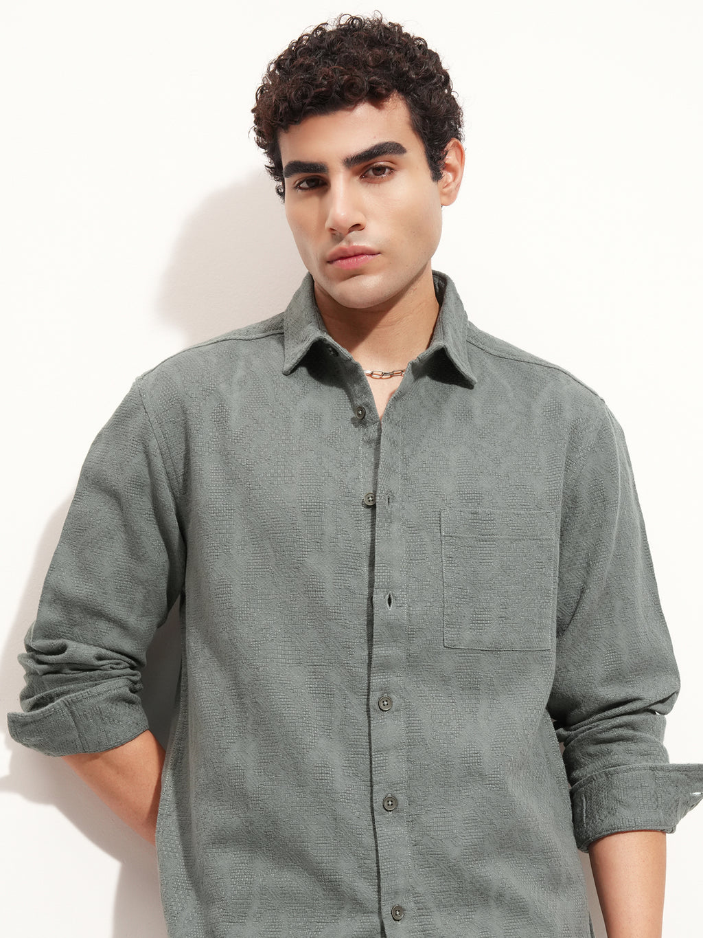 Highlander Men Olive Self Design Relaxed Fit Casual Shirt - Olive - Image 1