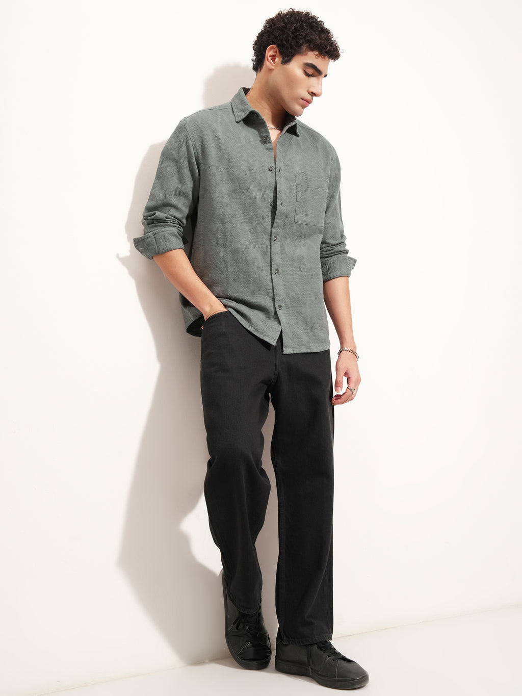 Highlander Men Olive Self Design Relaxed Fit Casual Shirt - Olive - Image 2
