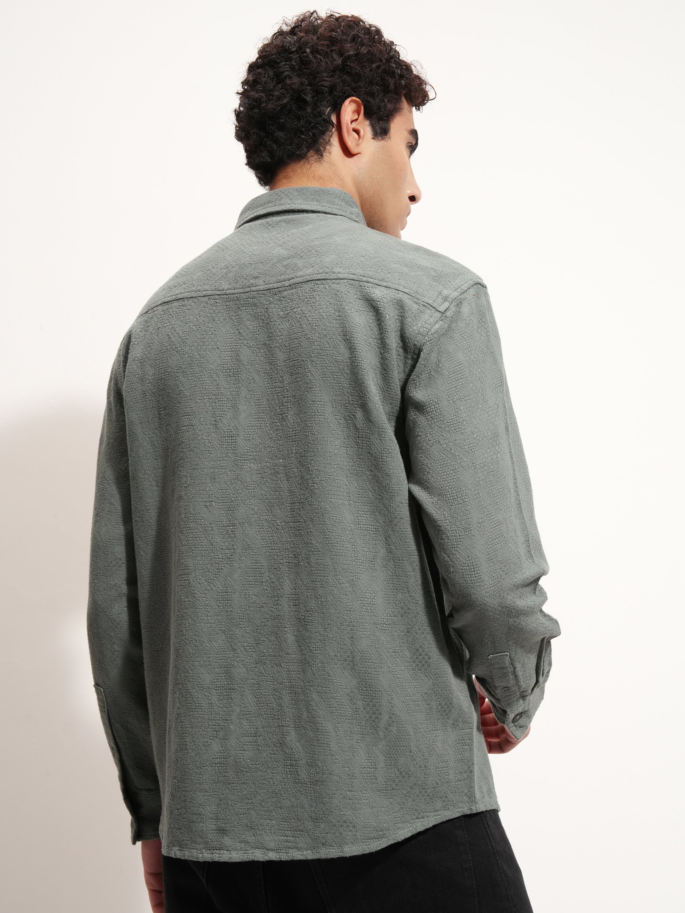 Highlander Men Olive Self Design Relaxed Fit Casual Shirt - Olive - Image 3
