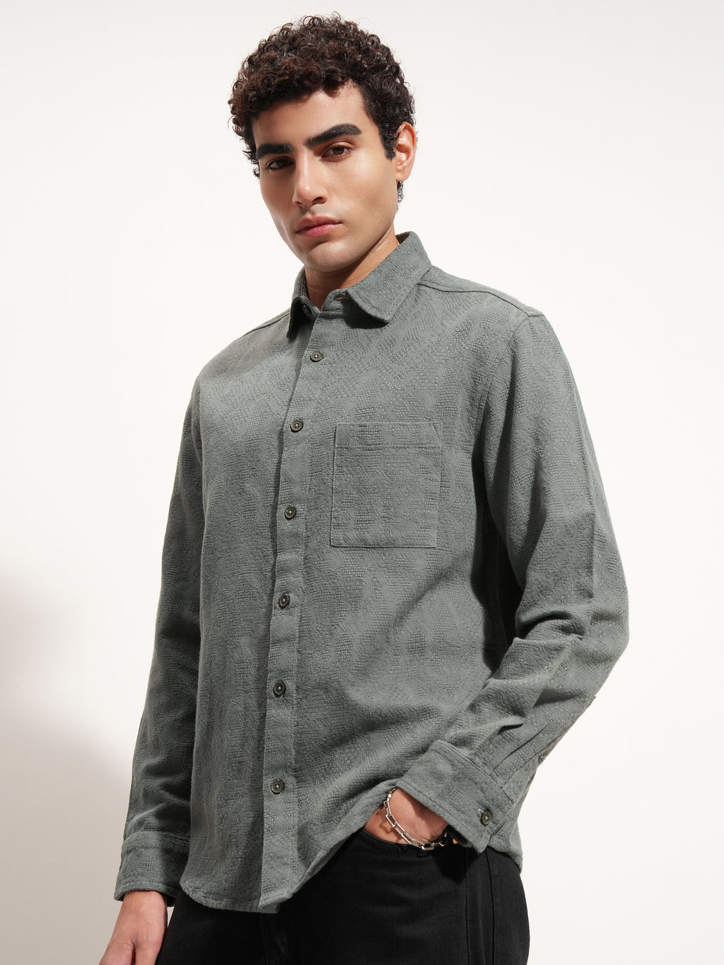 Highlander Men Olive Self Design Relaxed Fit Casual Shirt - Olive - Image 4