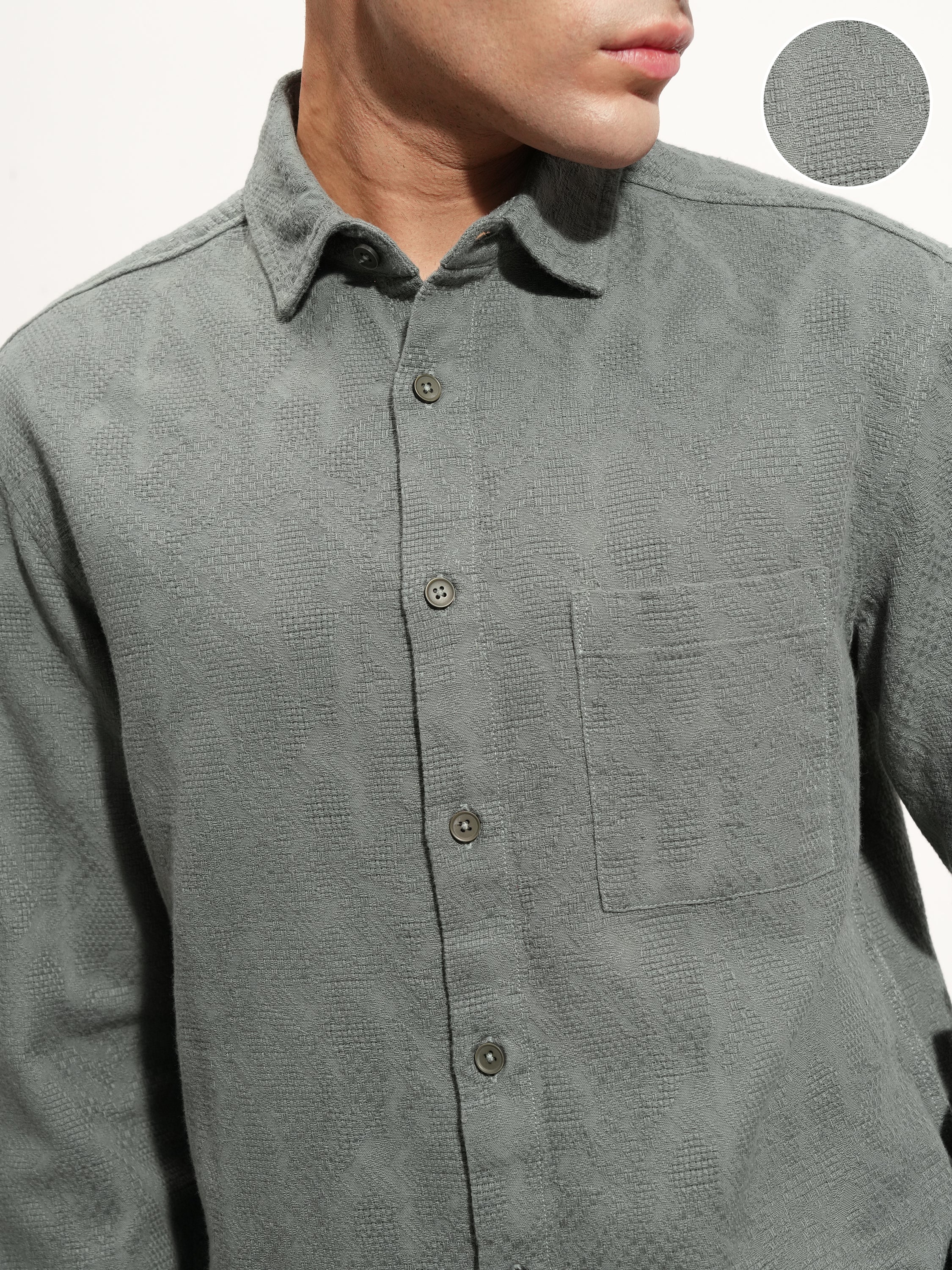 Highlander Men Olive Self Design Relaxed Fit Casual Shirt - Olive - Image 5