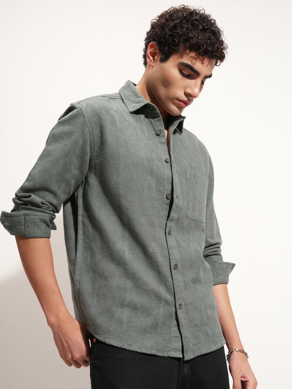 Highlander Men Olive Self Design Relaxed Fit Casual Shirt - Olive - Image 6