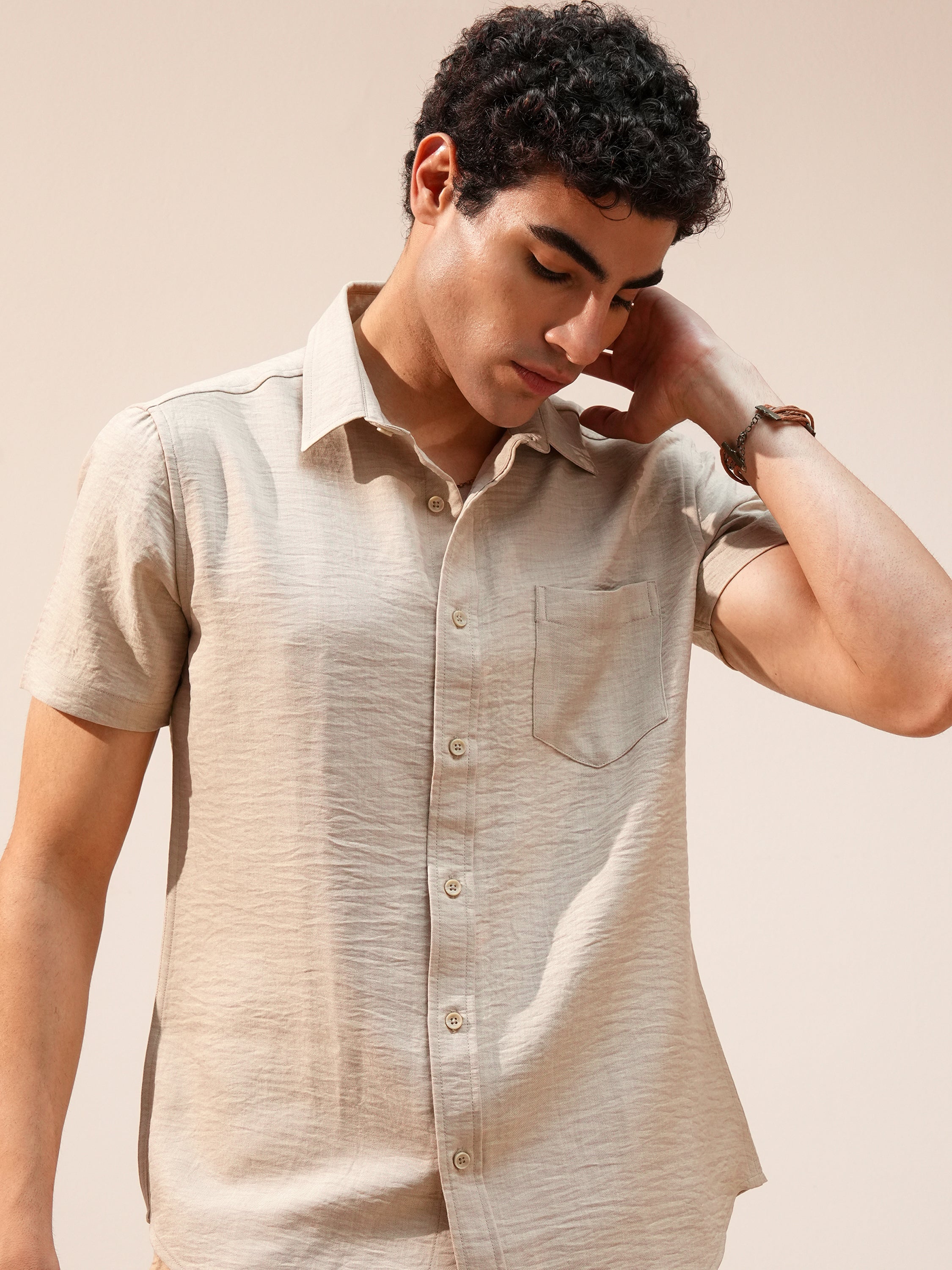 Highlander Men Beige Self Design Slim Fit Casual Shirt - Beige - Image 1