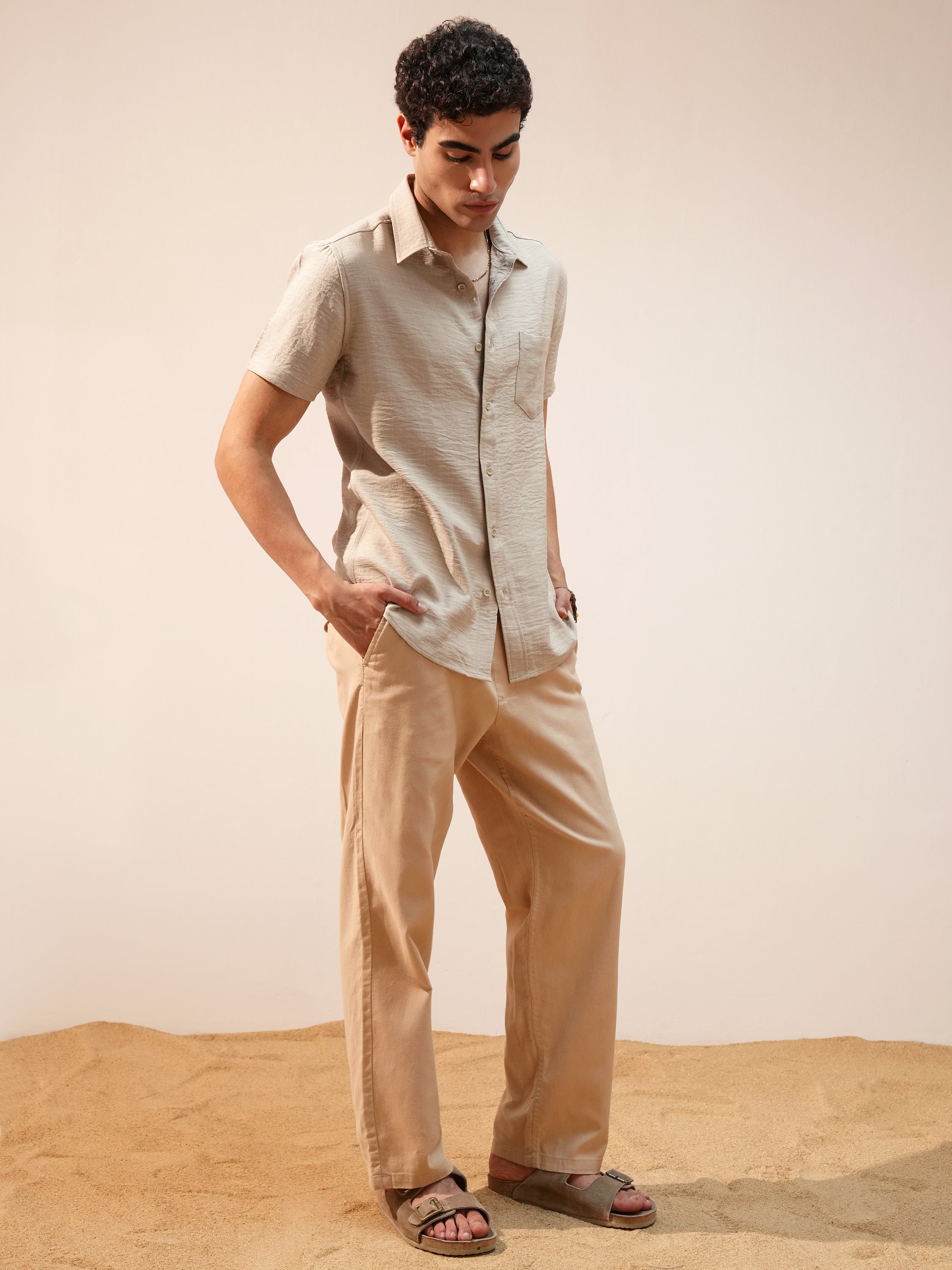 Highlander Men Beige Self Design Slim Fit Casual Shirt - Beige - Image 2