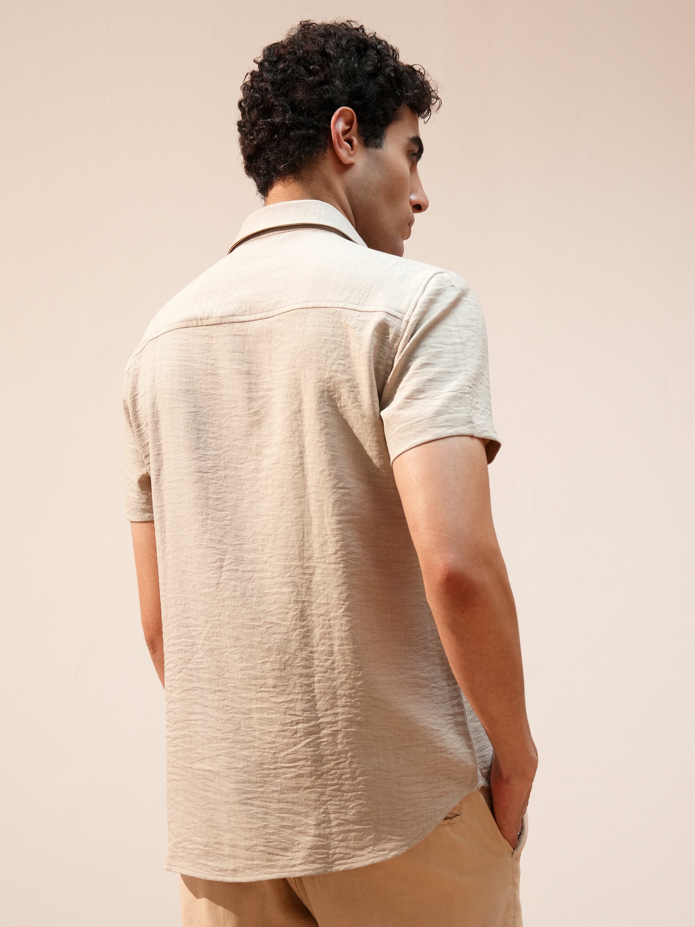 Highlander Men Beige Self Design Slim Fit Casual Shirt - Beige - Image 3