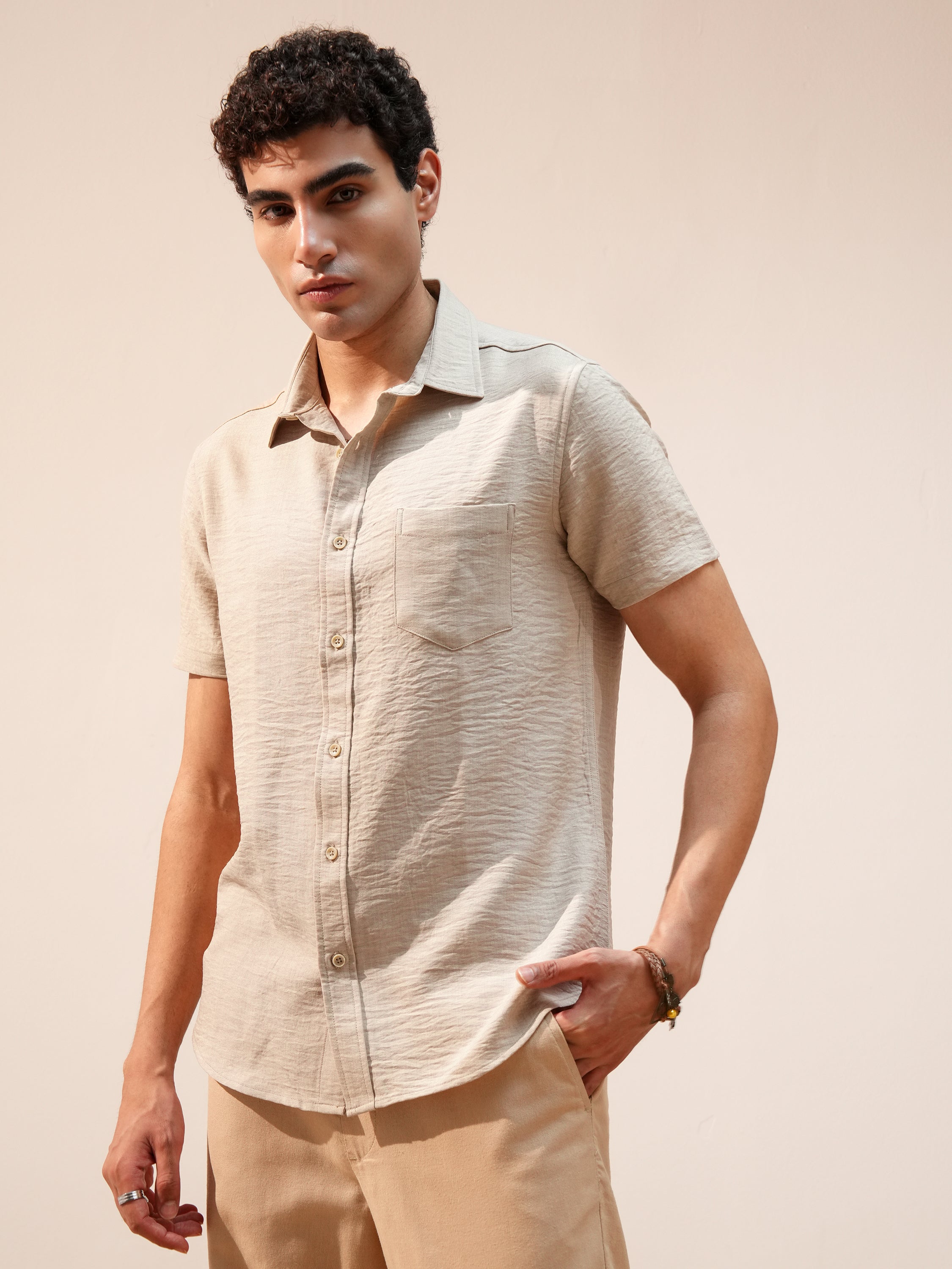 Highlander Men Beige Self Design Slim Fit Casual Shirt - Beige - Image 4