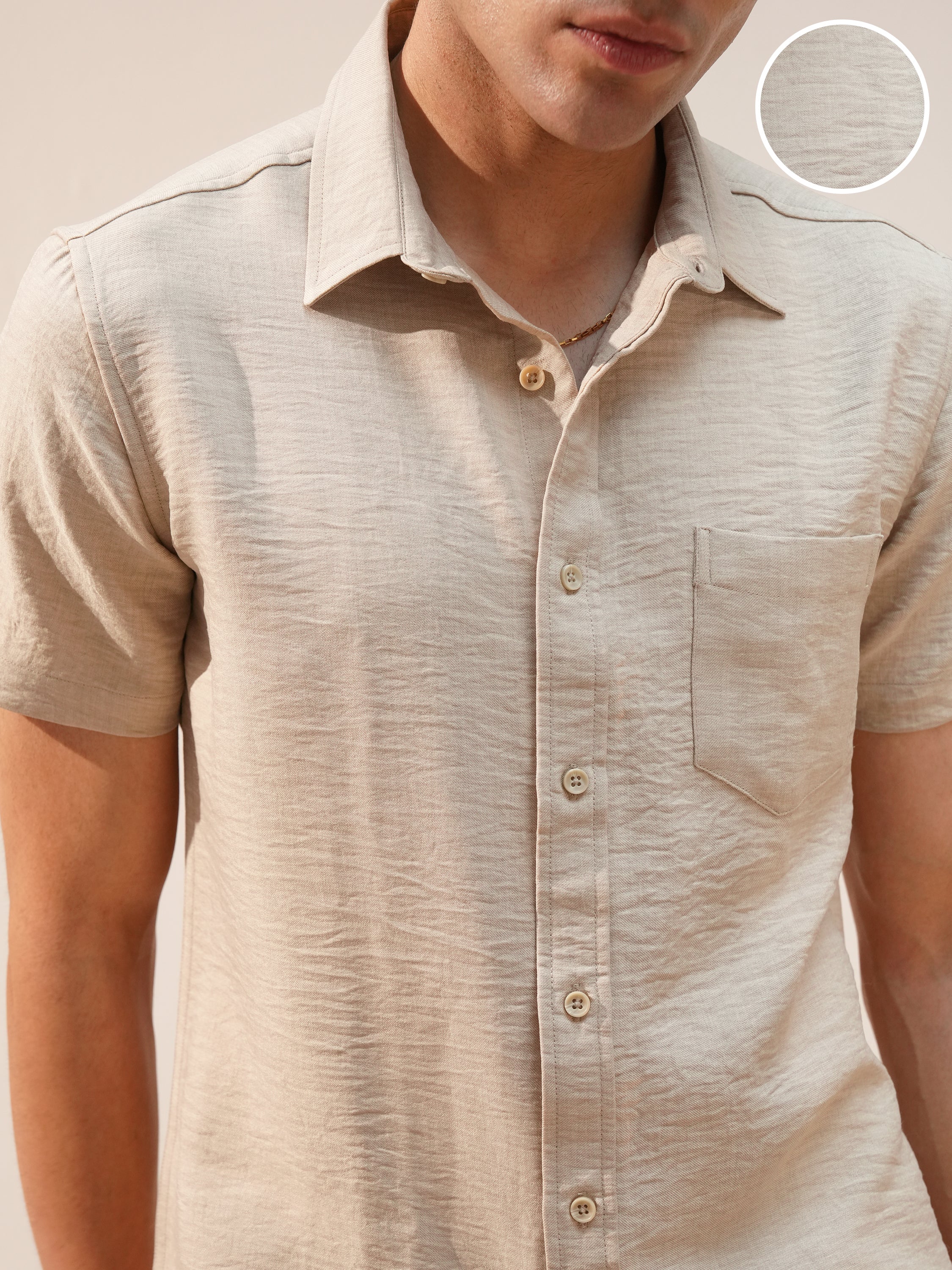 Highlander Men Beige Self Design Slim Fit Casual Shirt - Beige - Image 5