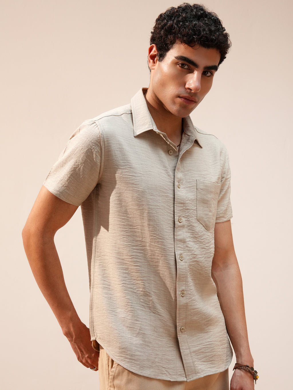 Highlander Men Beige Self Design Slim Fit Casual Shirt - Beige - Image 6