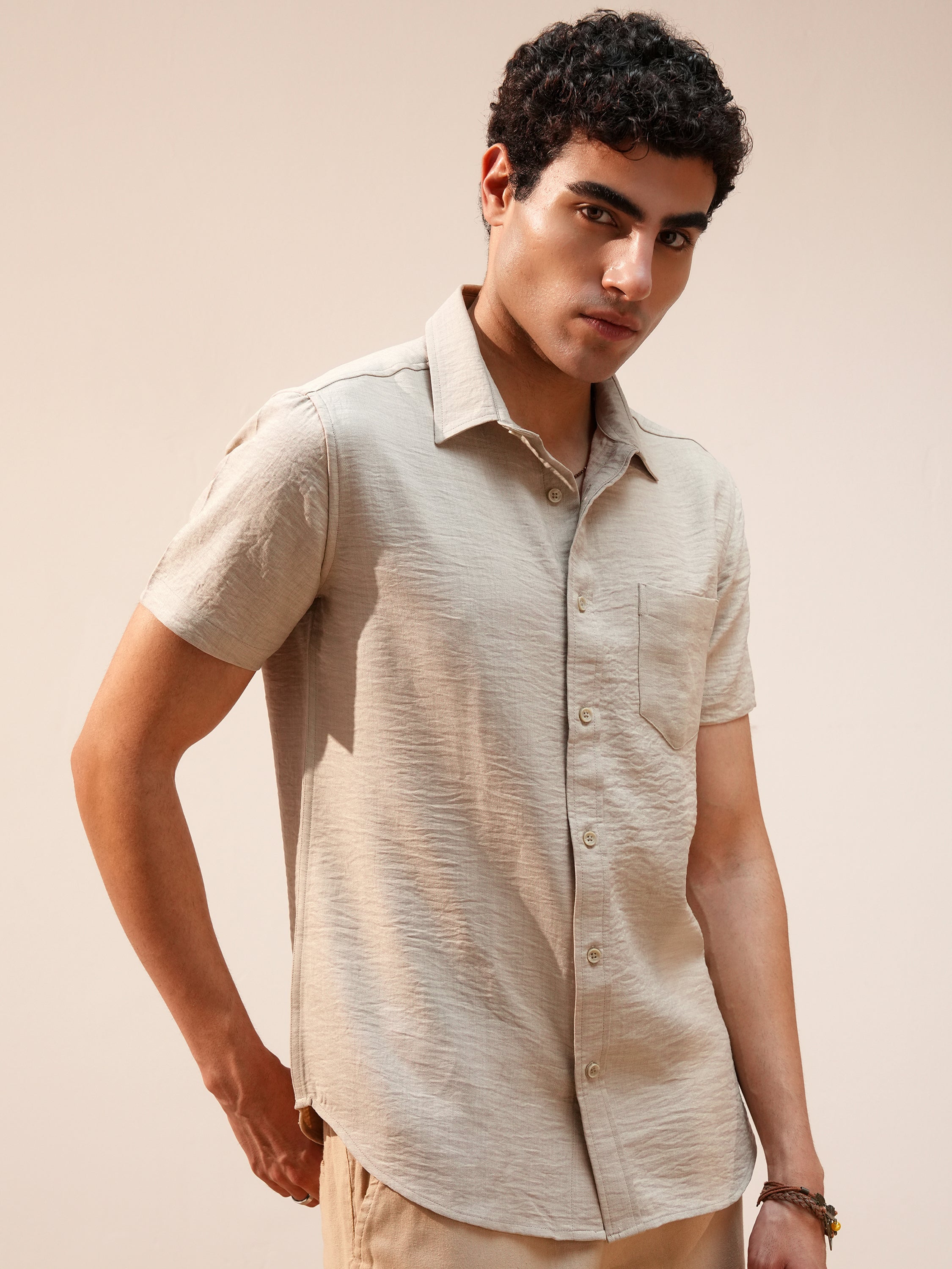 Highlander Men Beige Self Design Slim Fit Casual Shirt - Beige - Image 6