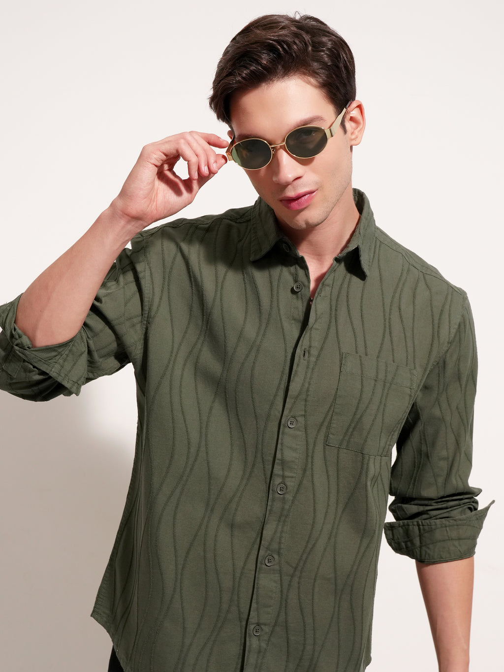 Highlander Men Olive Self Design Relaxed Fit Casual Shirt - Olive - Image 1