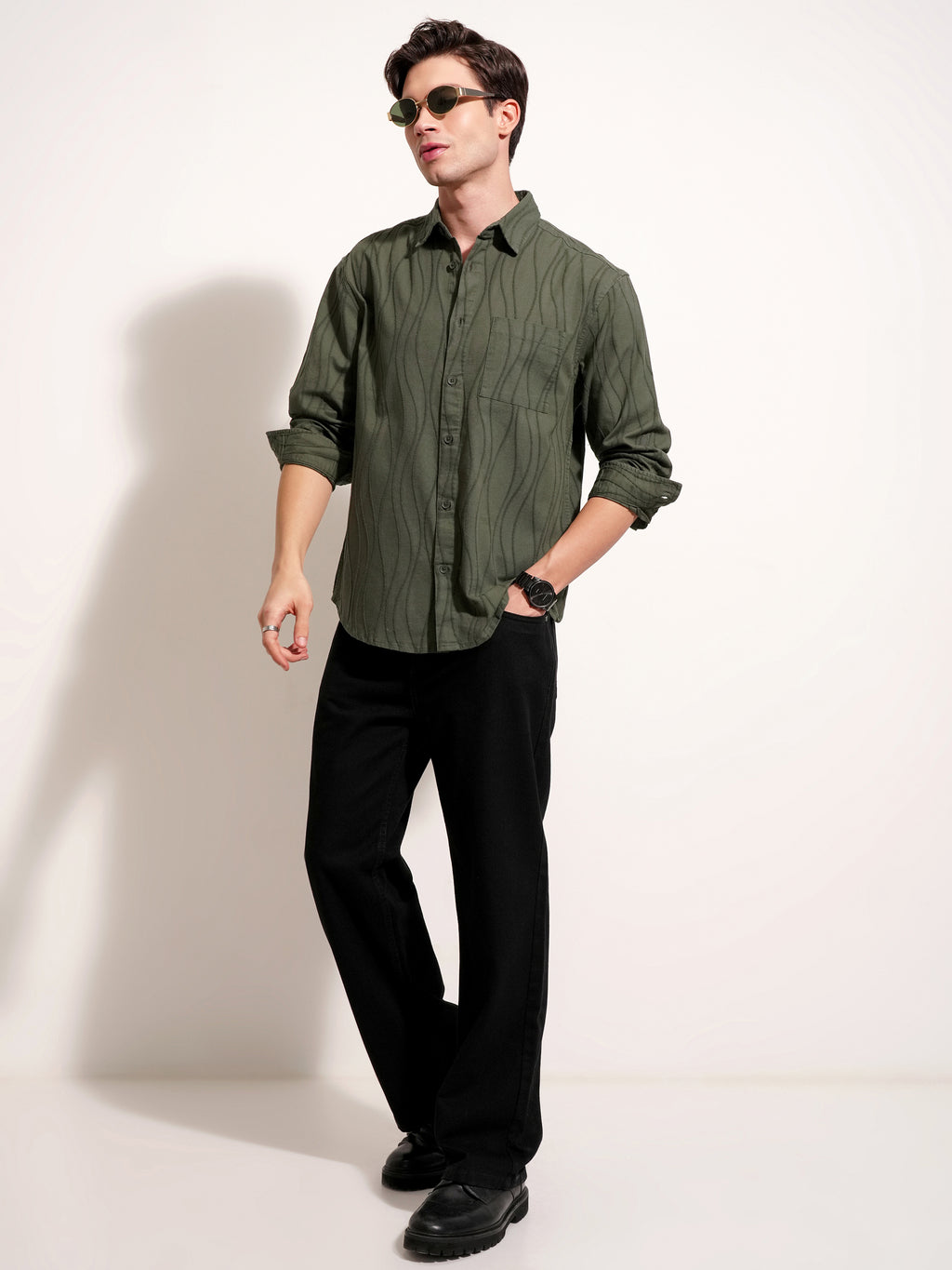 Highlander Men Olive Self Design Relaxed Fit Casual Shirt - Olive - Image 2