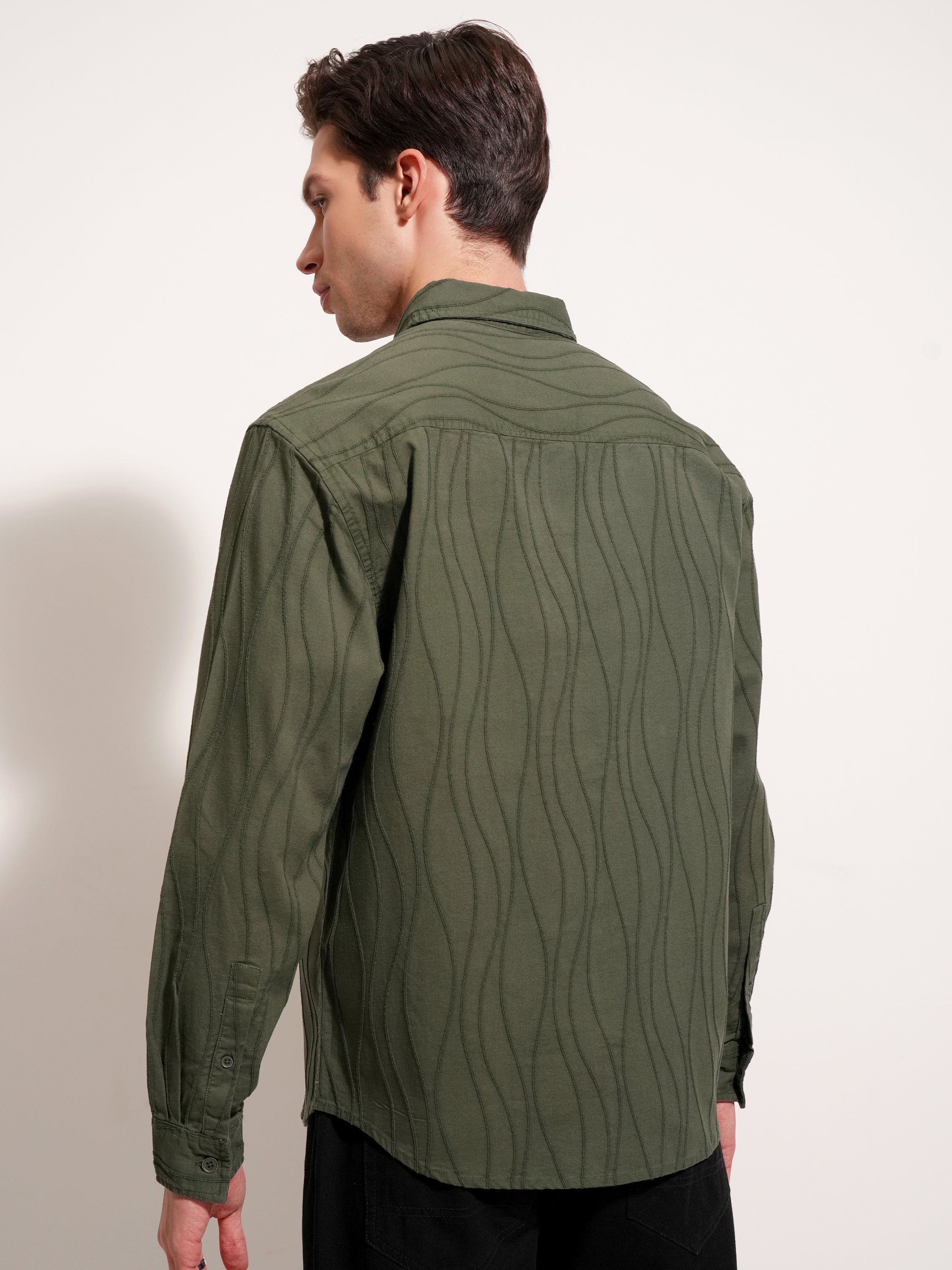 Highlander Men Olive Self Design Relaxed Fit Casual Shirt - Olive - Image 3