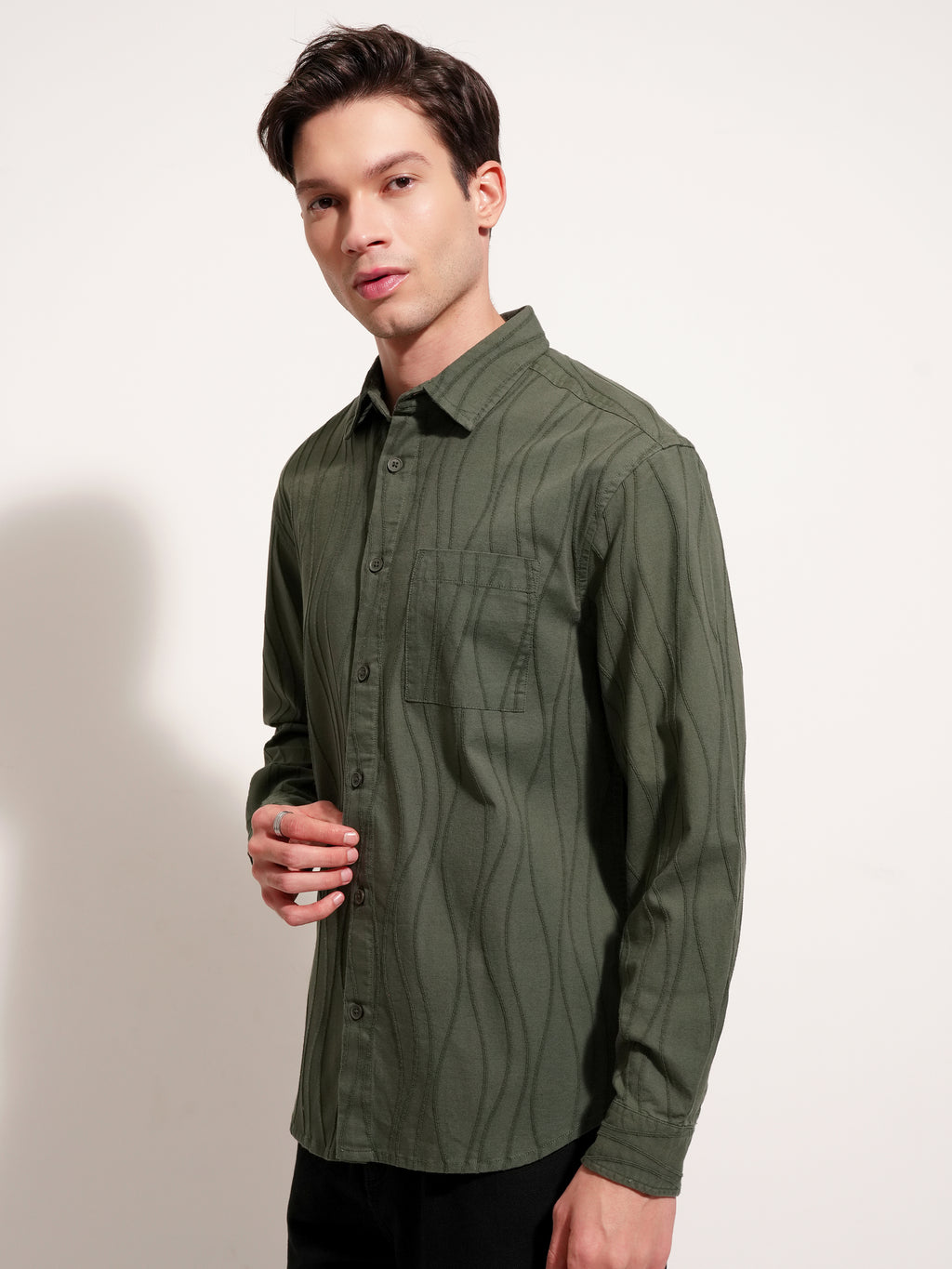 Highlander Men Olive Self Design Relaxed Fit Casual Shirt - Olive - Image 4