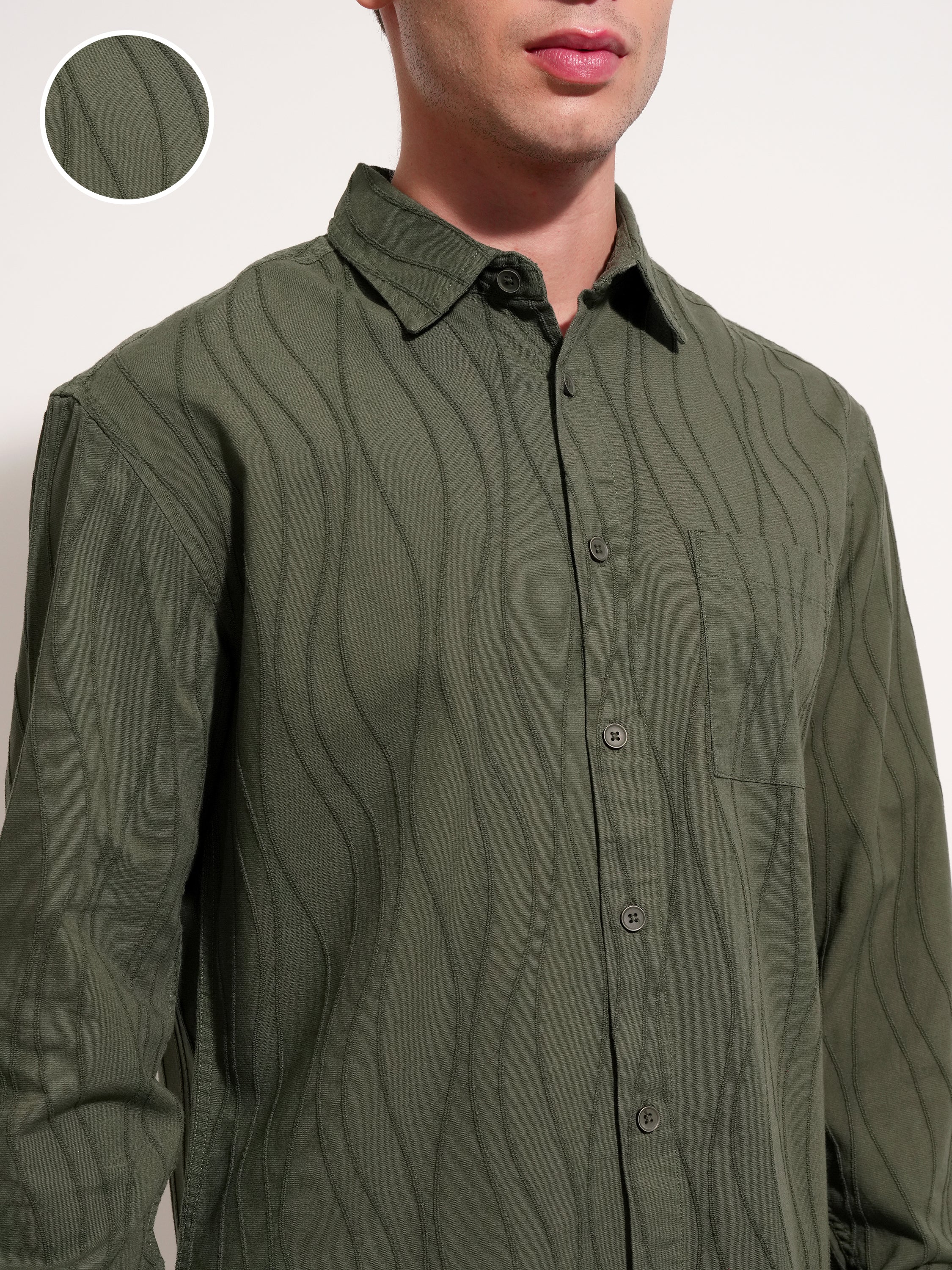 Highlander Men Olive Self Design Relaxed Fit Casual Shirt - Olive - Image 5