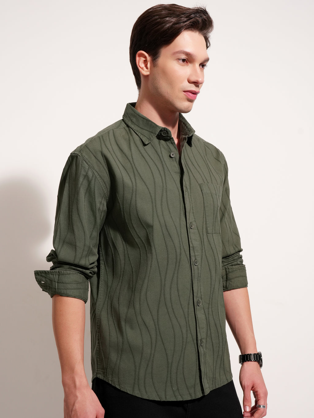 Highlander Men Olive Self Design Relaxed Fit Casual Shirt - Olive - Image 6