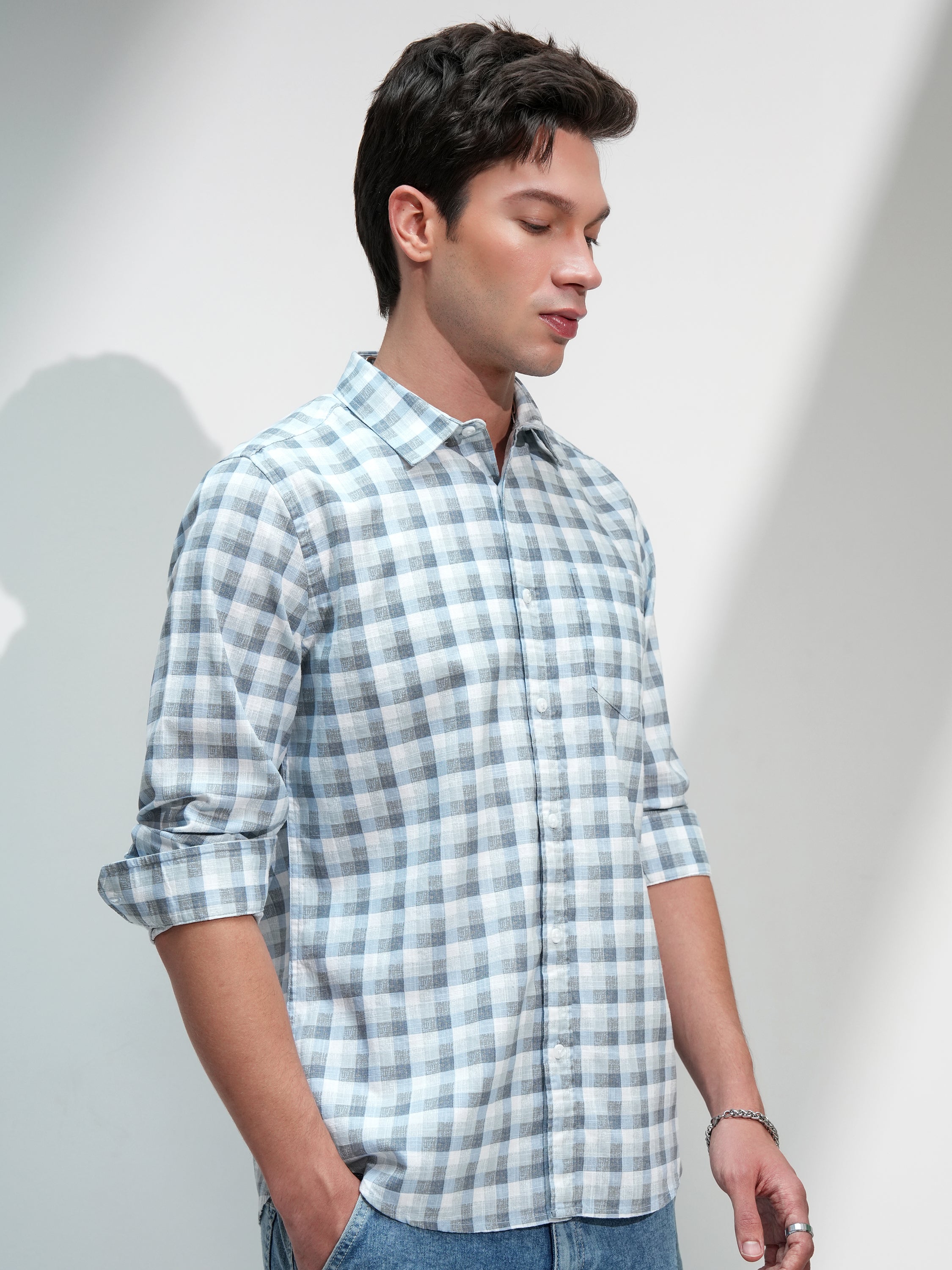 Highlander Men White Checked Slim Fit Casual Shirt - White - Image 6