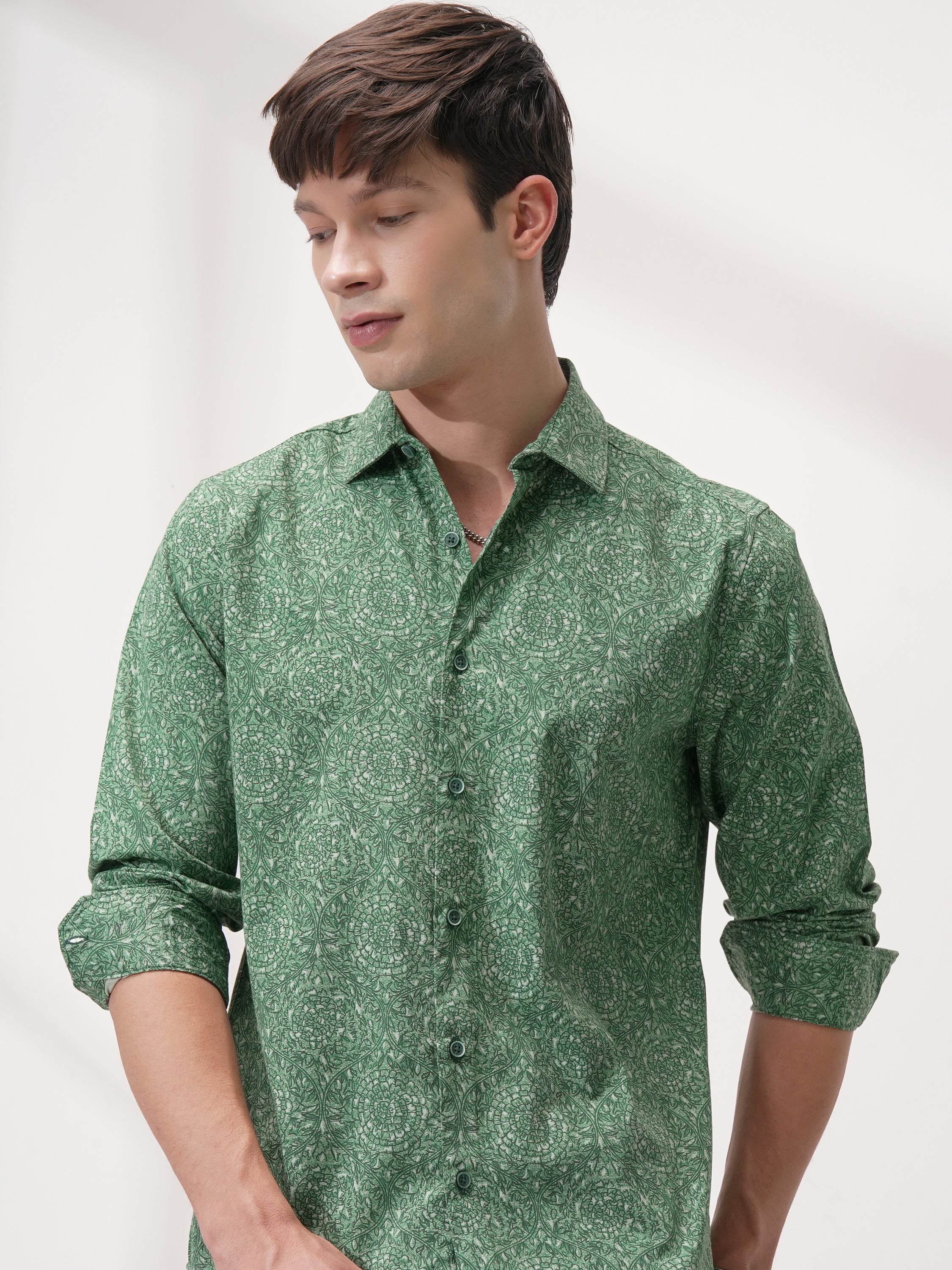 Highlander Men Green Printed Slim Fit Casual Shirt - Green - Image 1