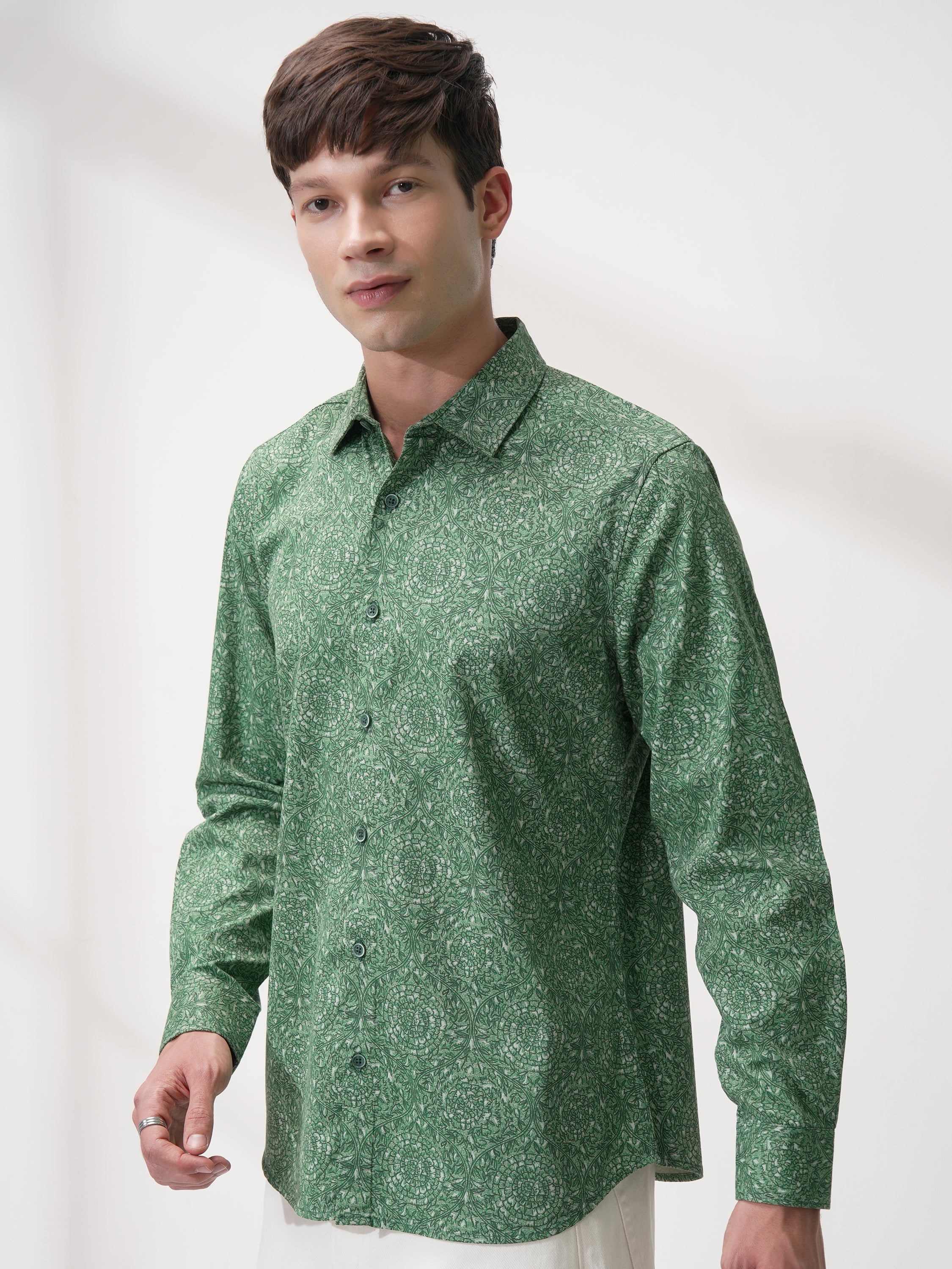 Highlander Men Green Printed Slim Fit Casual Shirt - Green - Image 4
