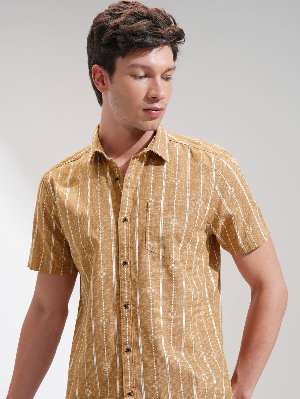 Highlander Men Mustard Printed Slim Fit Casual Shirt - Mustard - Image 1