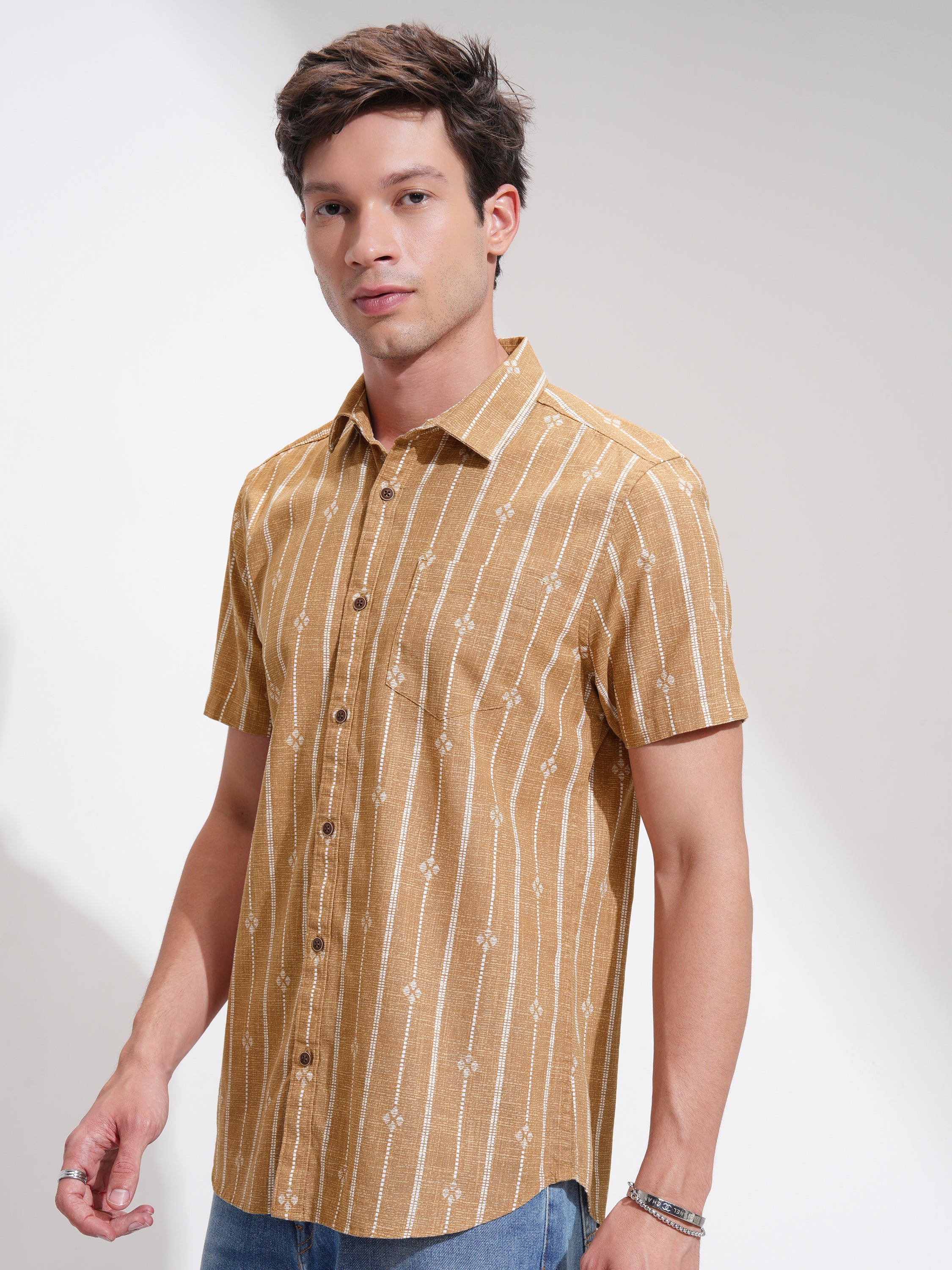Highlander Men Mustard Printed Slim Fit Casual Shirt - Mustard - Image 4