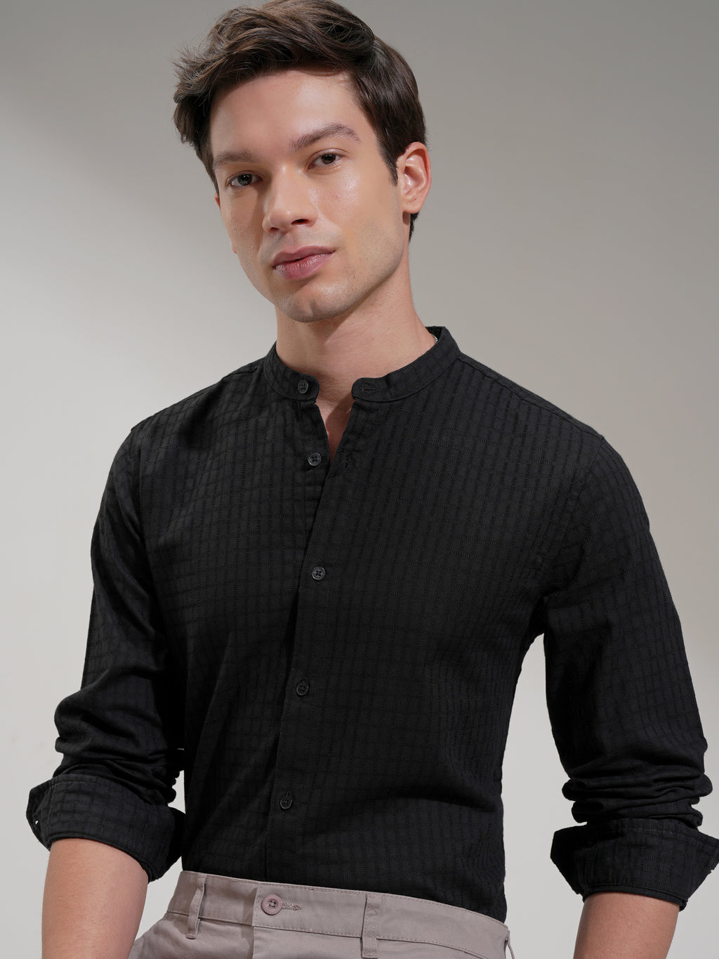 Highlander Men Black Self Design Slim Fit Casual Shirt - Black - Image 1