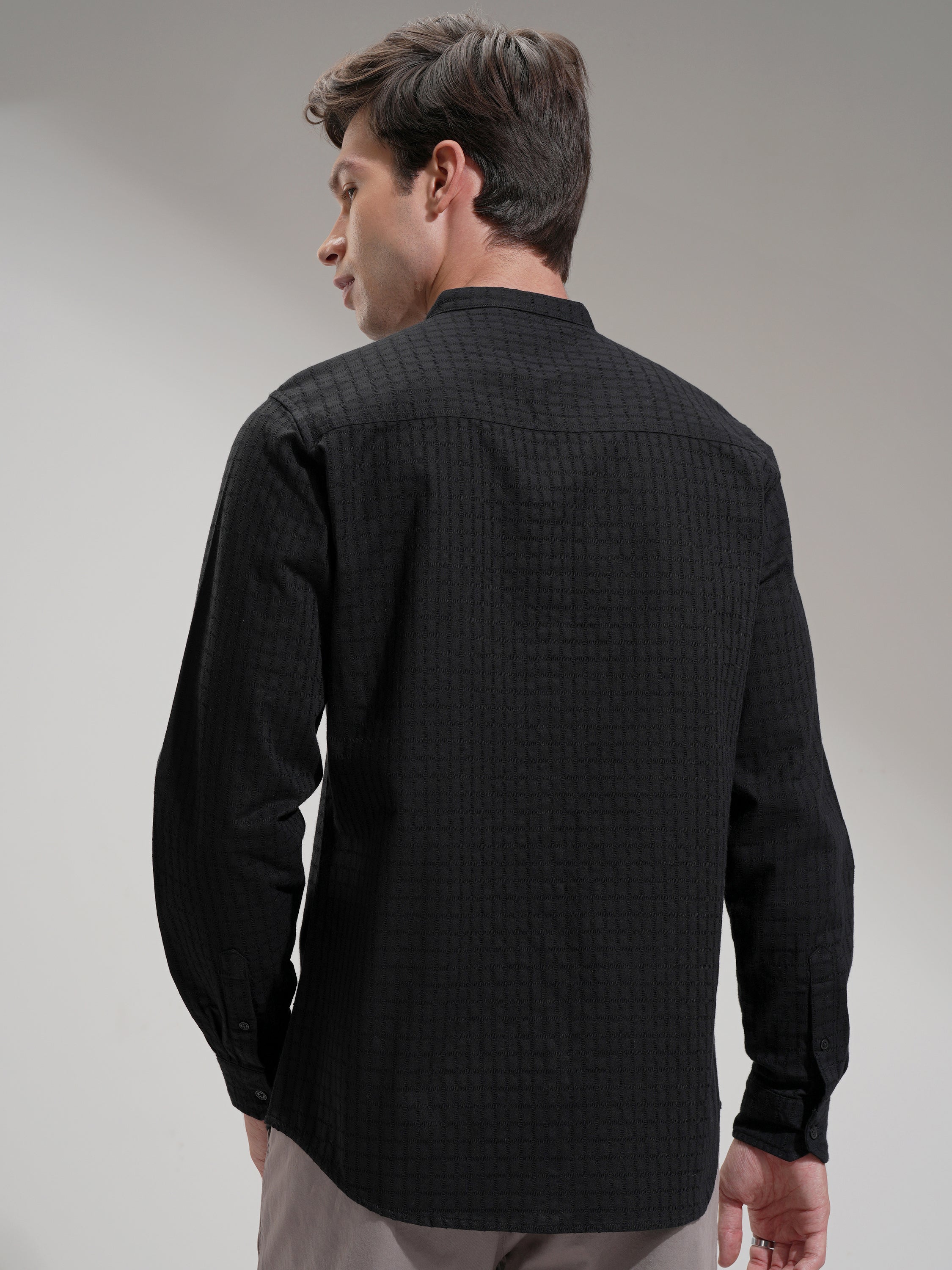 Highlander Men Black Self Design Slim Fit Casual Shirt - Black - Image 3