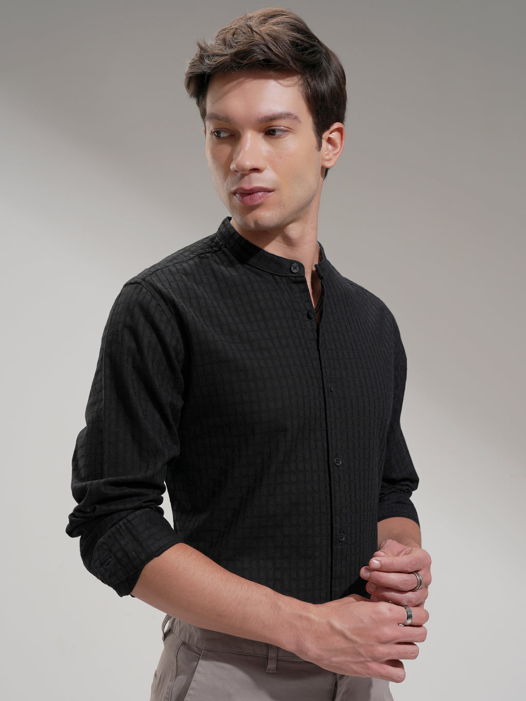 Highlander Men Black Self Design Slim Fit Casual Shirt - Black - Image 6