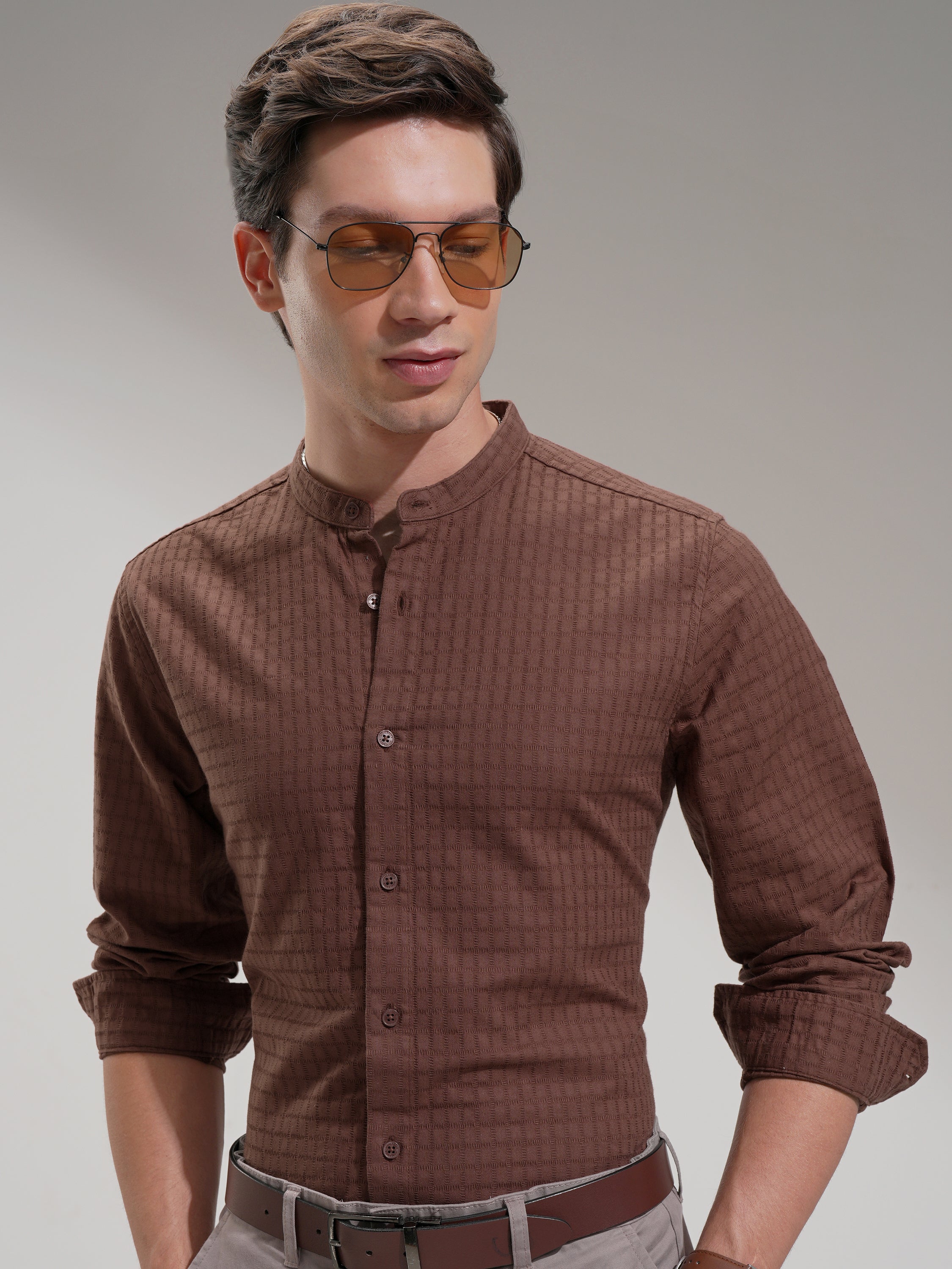 Highlander Men Brown Self Design Slim Fit Casual Shirt - Brown - Image 1