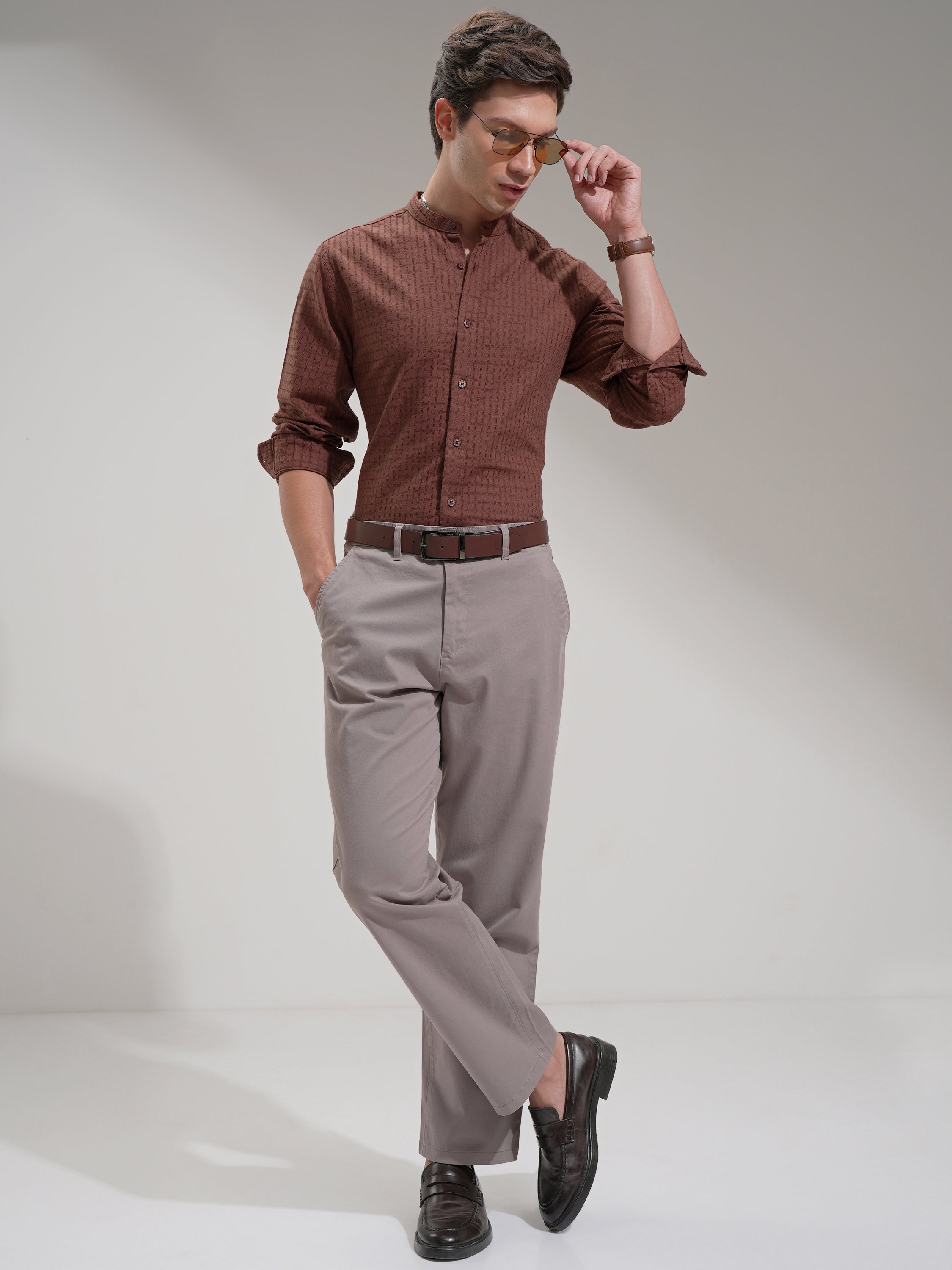 Highlander Men Brown Self Design Slim Fit Casual Shirt - Brown - Image 2