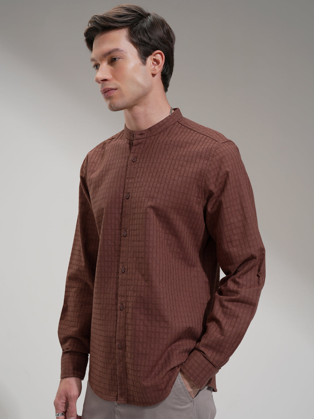 Highlander Men Brown Self Design Slim Fit Casual Shirt - Brown - Image 4