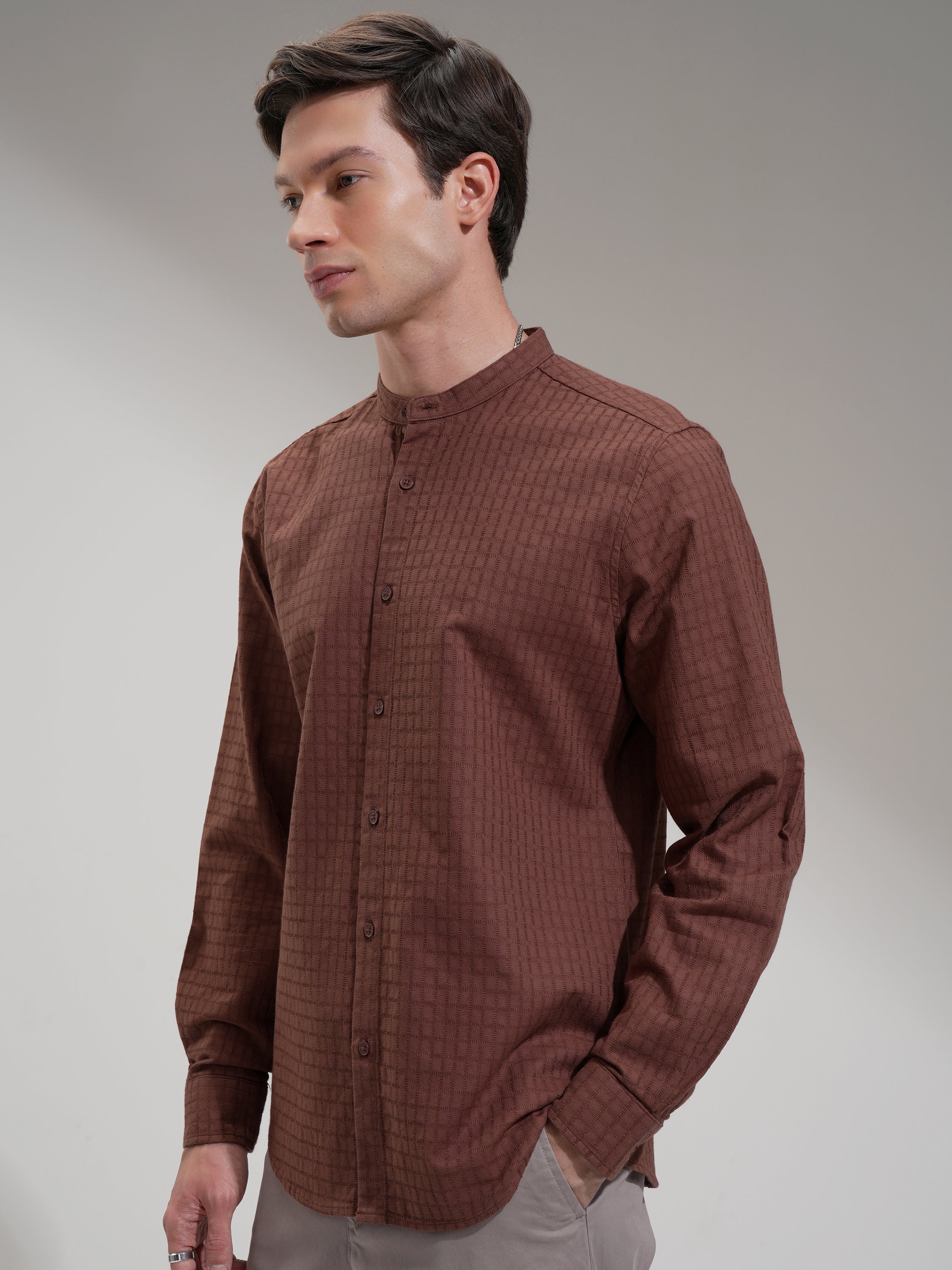 Highlander Men Brown Self Design Slim Fit Casual Shirt - Brown - Image 4