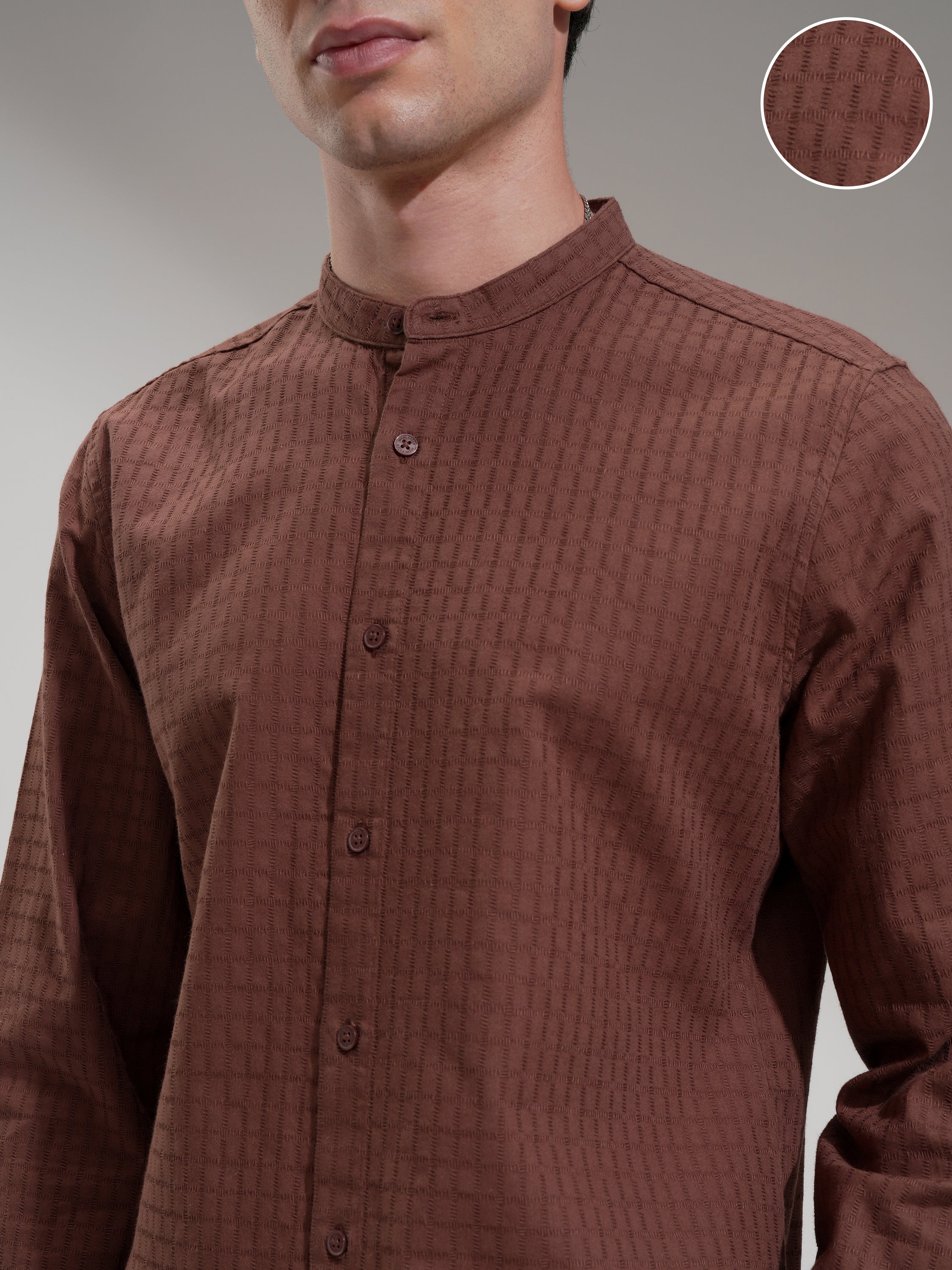 Highlander Men Brown Self Design Slim Fit Casual Shirt - Brown - Image 5