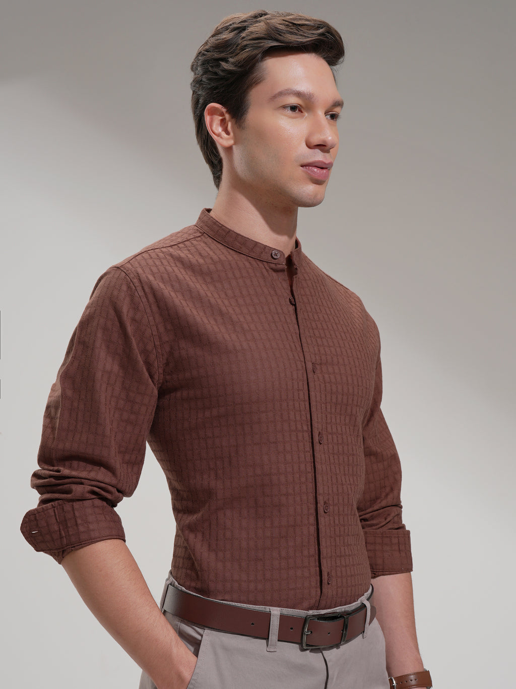 Highlander Men Brown Self Design Slim Fit Casual Shirt - Brown - Image 6