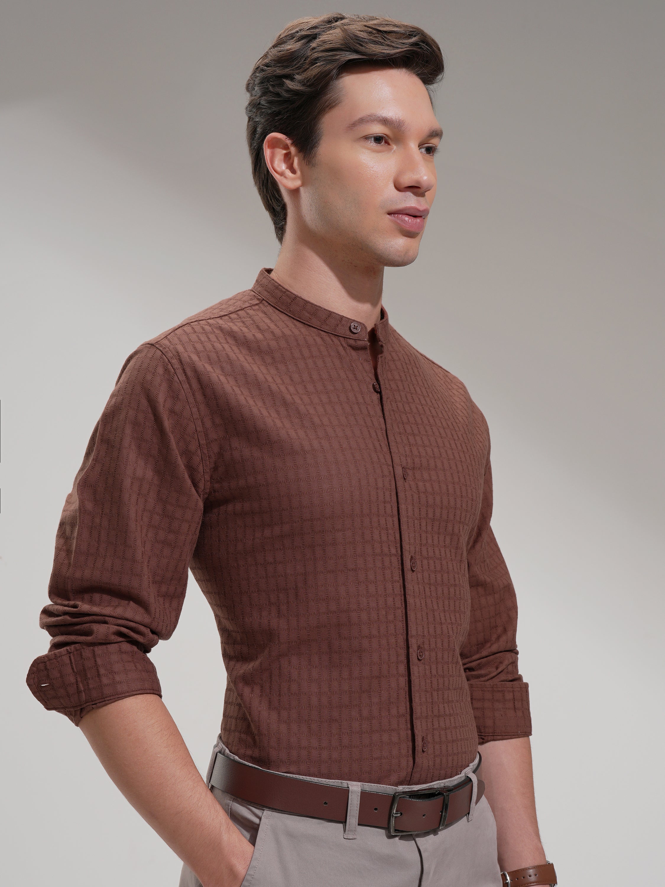 Highlander Men Brown Self Design Slim Fit Casual Shirt - Brown - Image 6