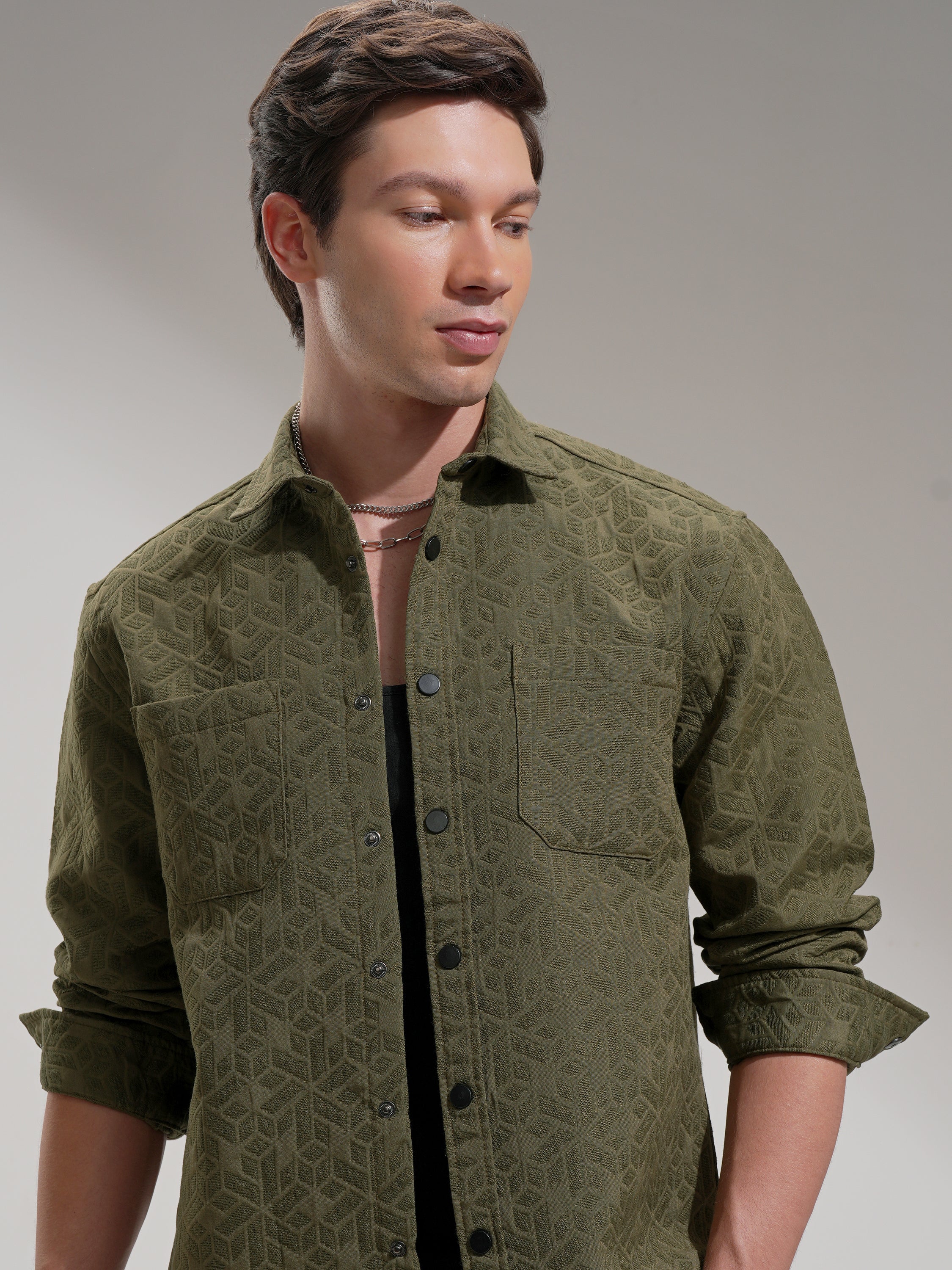 Highlander Men Olive Self Design Relaxed Fit Casual Shirt - Olive - Image 1