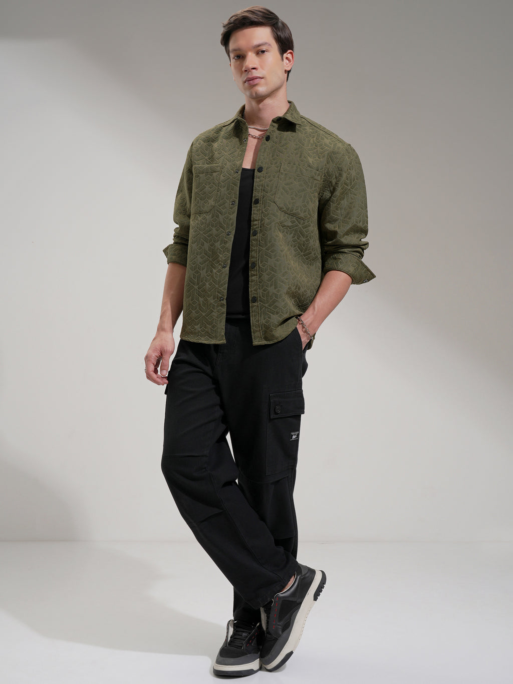 Highlander Men Olive Self Design Relaxed Fit Casual Shirt - Olive - Image 2