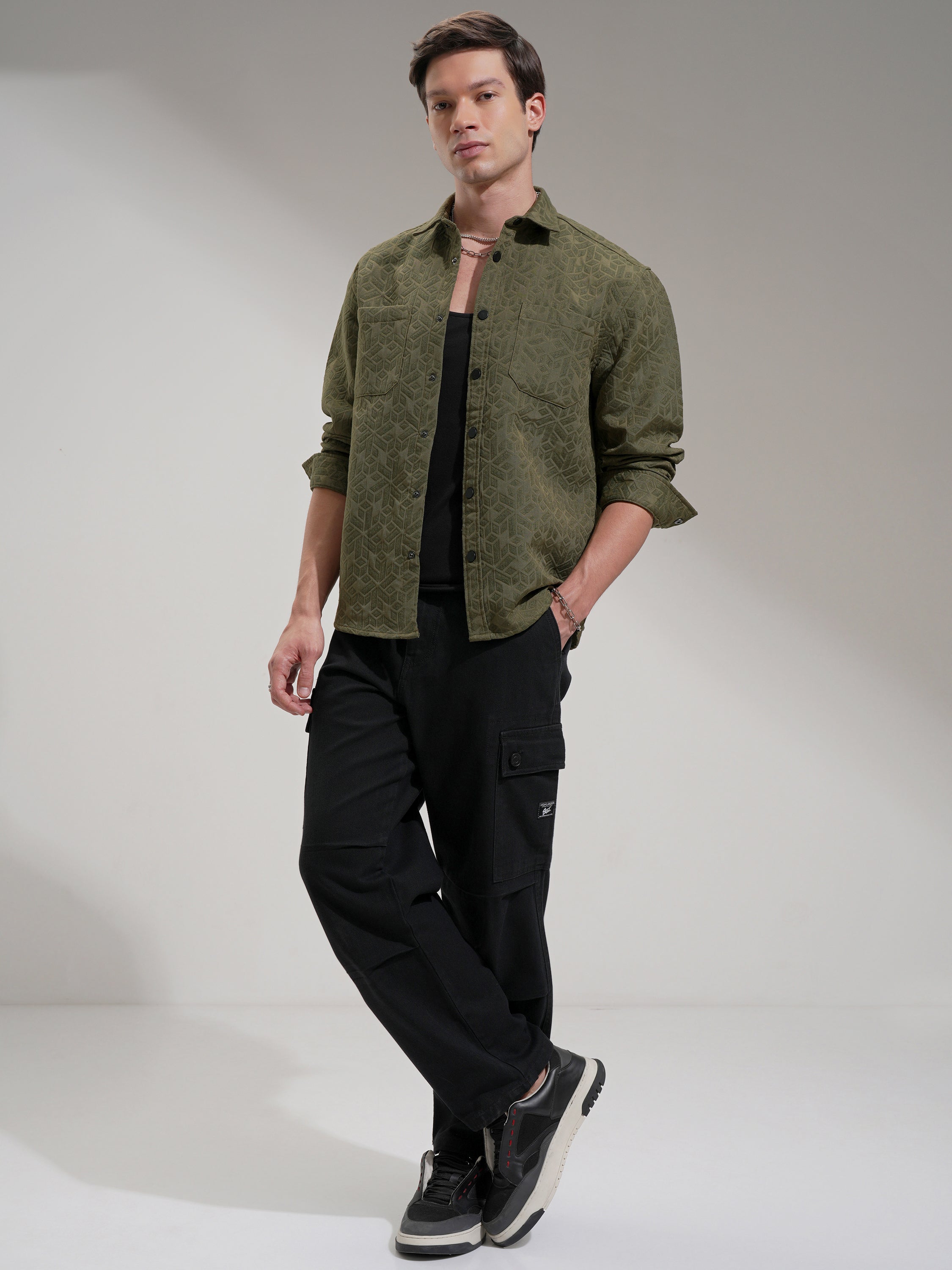 Highlander Men Olive Self Design Relaxed Fit Casual Shirt - Olive - Image 2