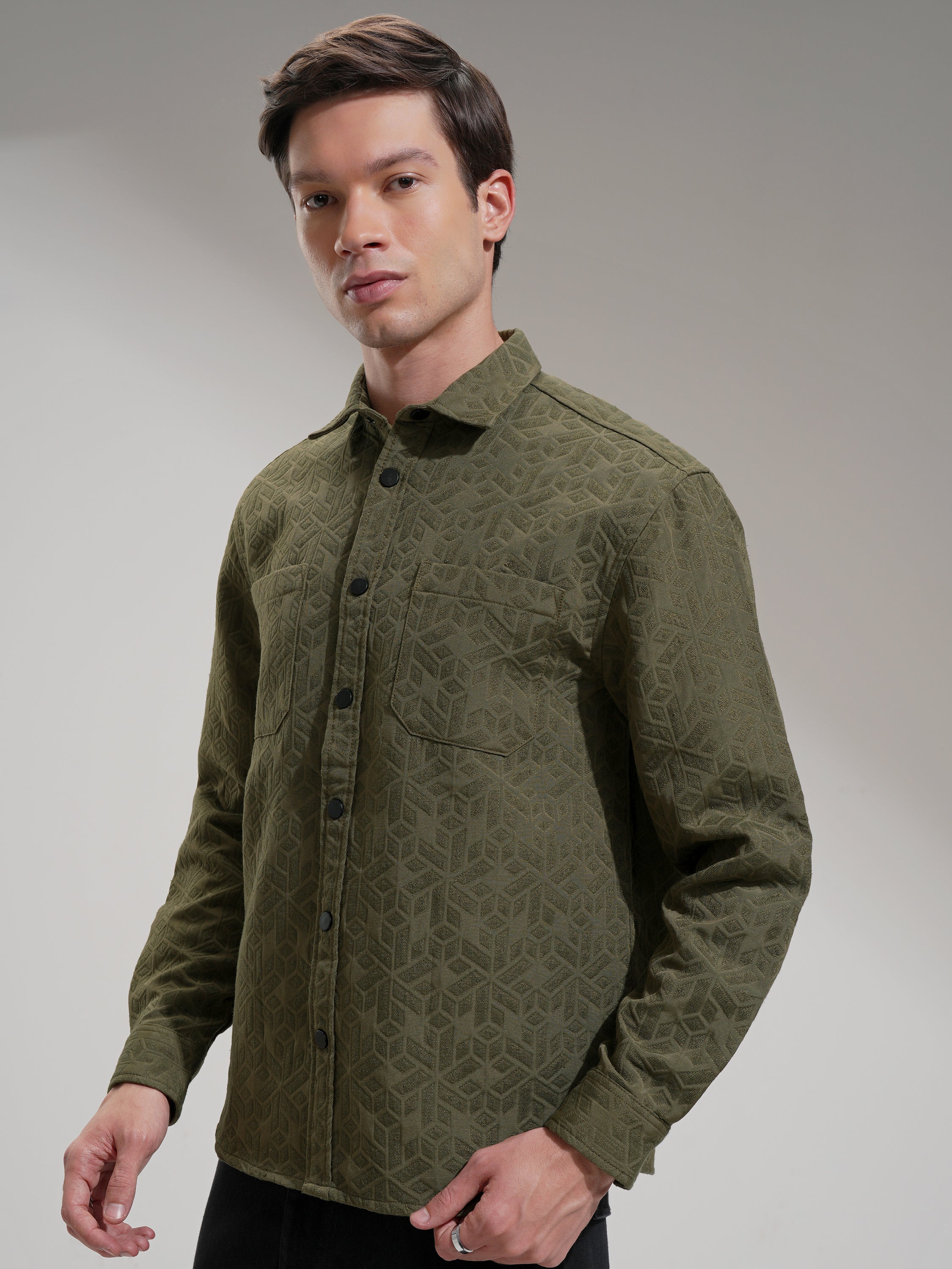 Highlander Men Olive Self Design Relaxed Fit Casual Shirt - Olive - Image 4