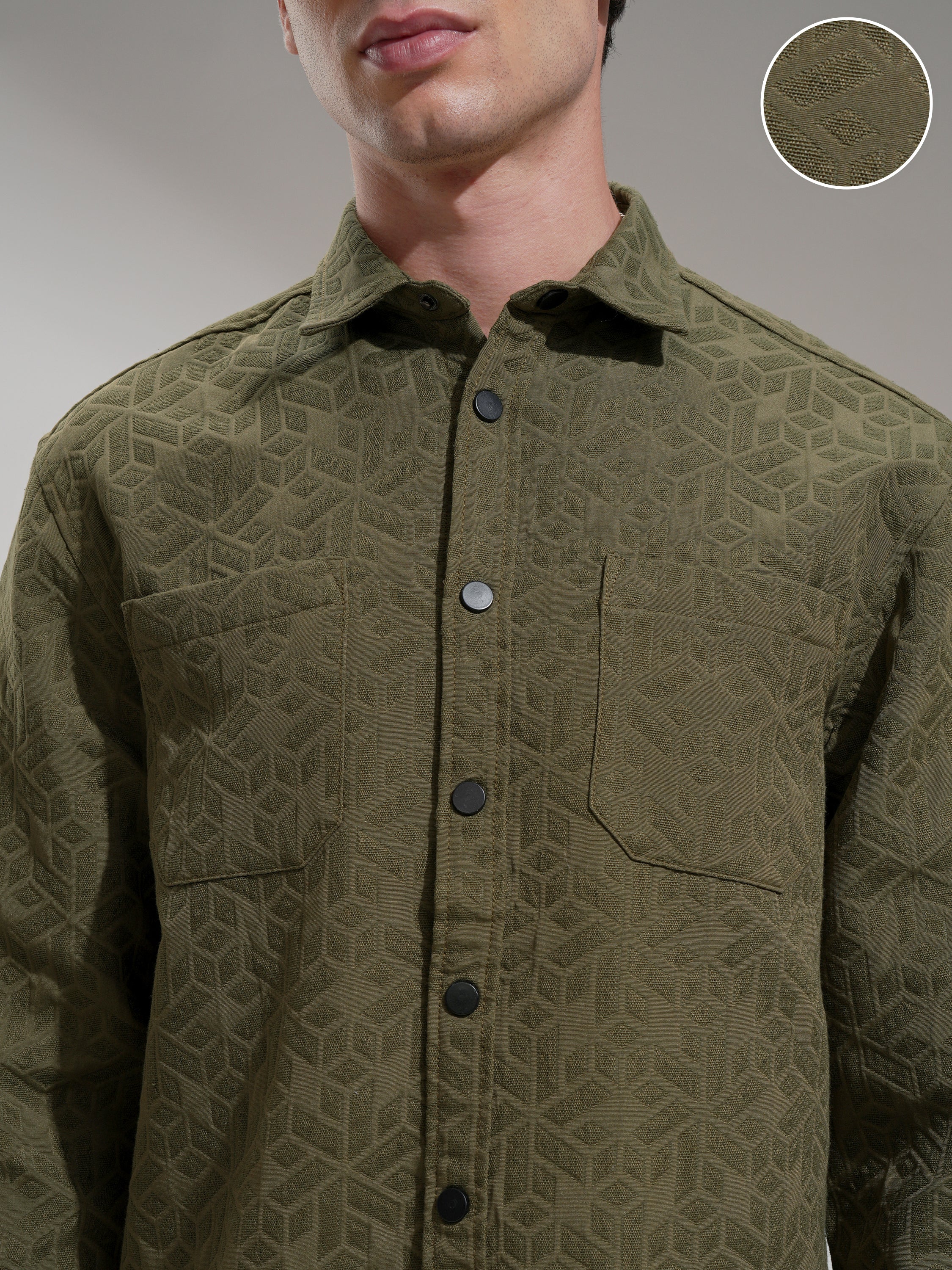 Highlander Men Olive Self Design Relaxed Fit Casual Shirt - Olive - Image 5