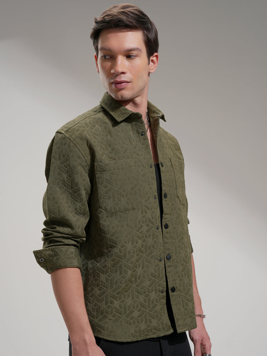 Highlander Men Olive Self Design Relaxed Fit Casual Shirt - Olive - Image 6