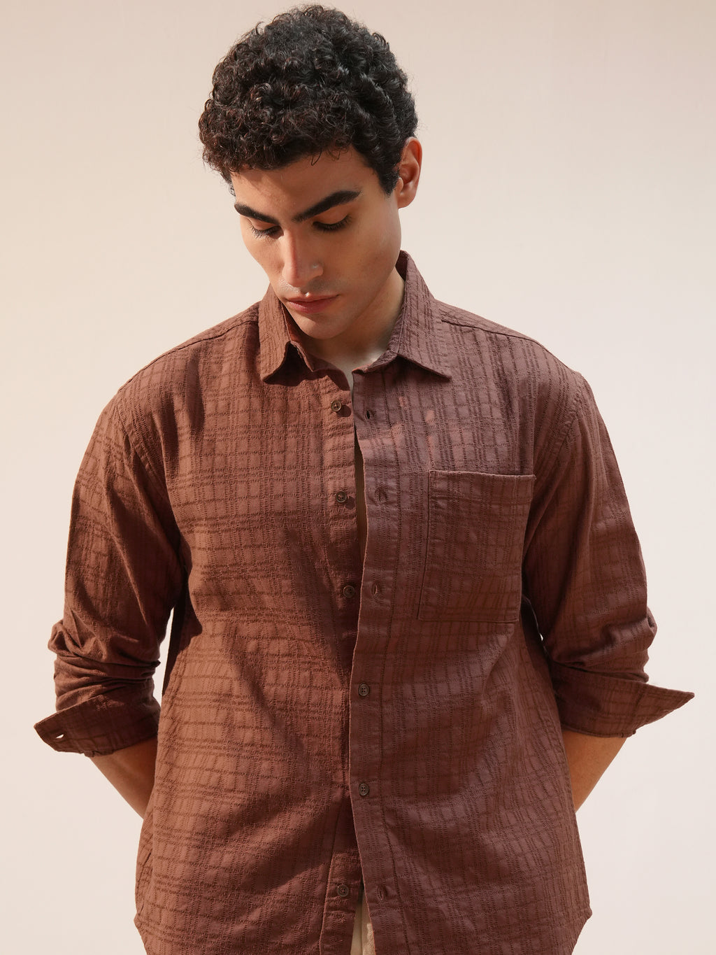 Highlander Men Brown Self Design Relaxed Fit Casual Shirt - Brown - Image 1