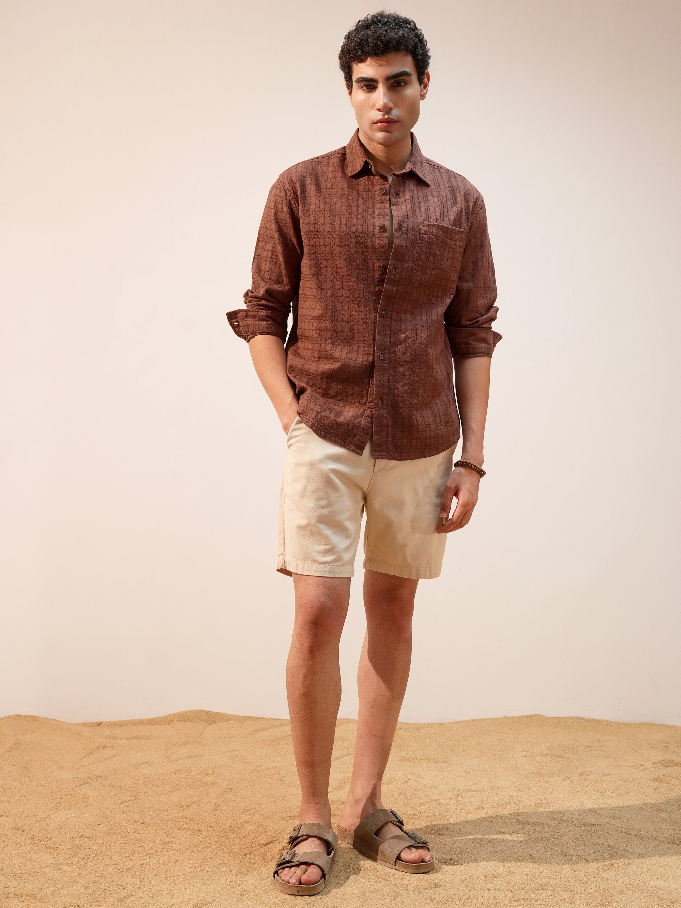 Highlander Men Brown Self Design Relaxed Fit Casual Shirt - Brown - Image 2