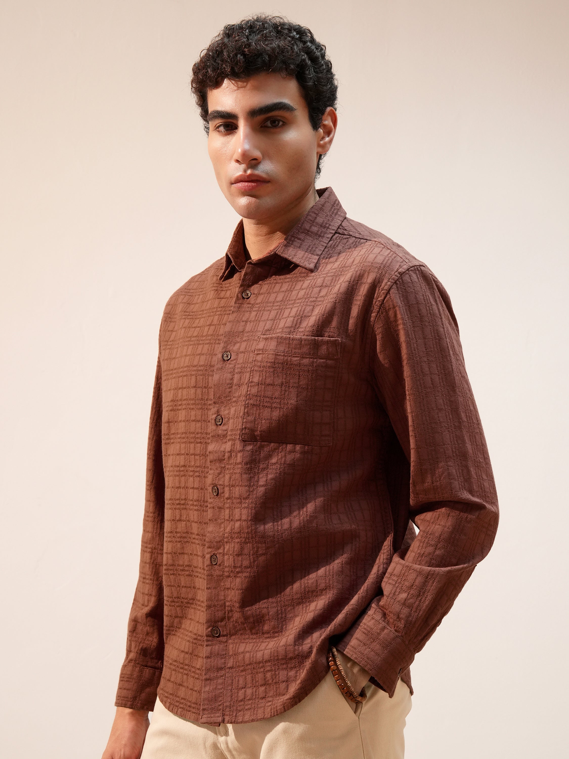 Highlander Men Brown Self Design Relaxed Fit Casual Shirt - Brown - Image 4