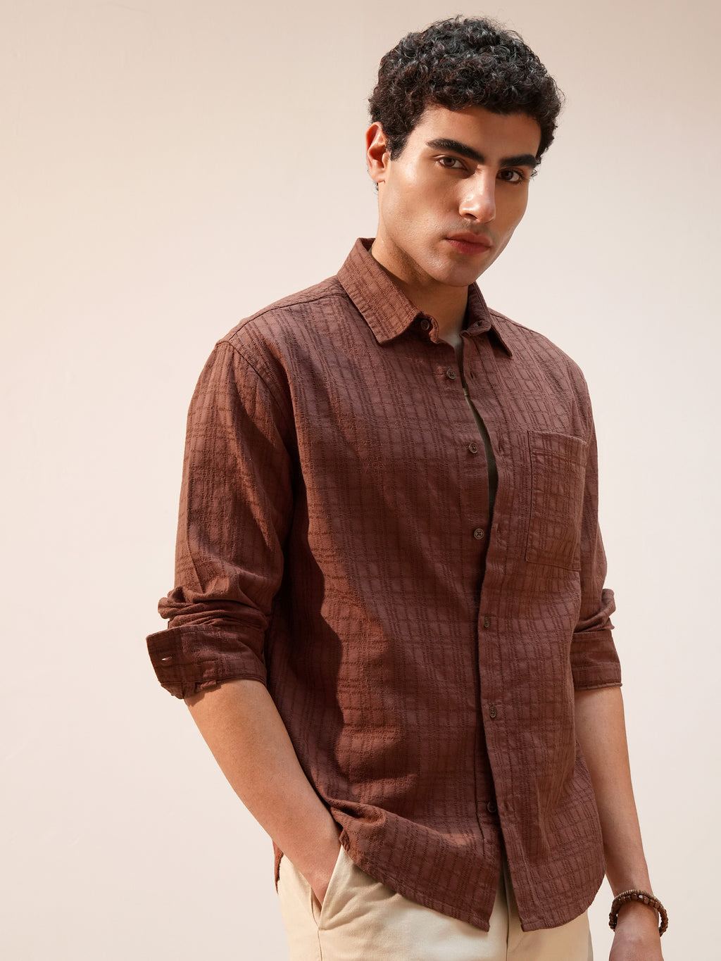 Highlander Men Brown Self Design Relaxed Fit Casual Shirt - Brown - Image 6
