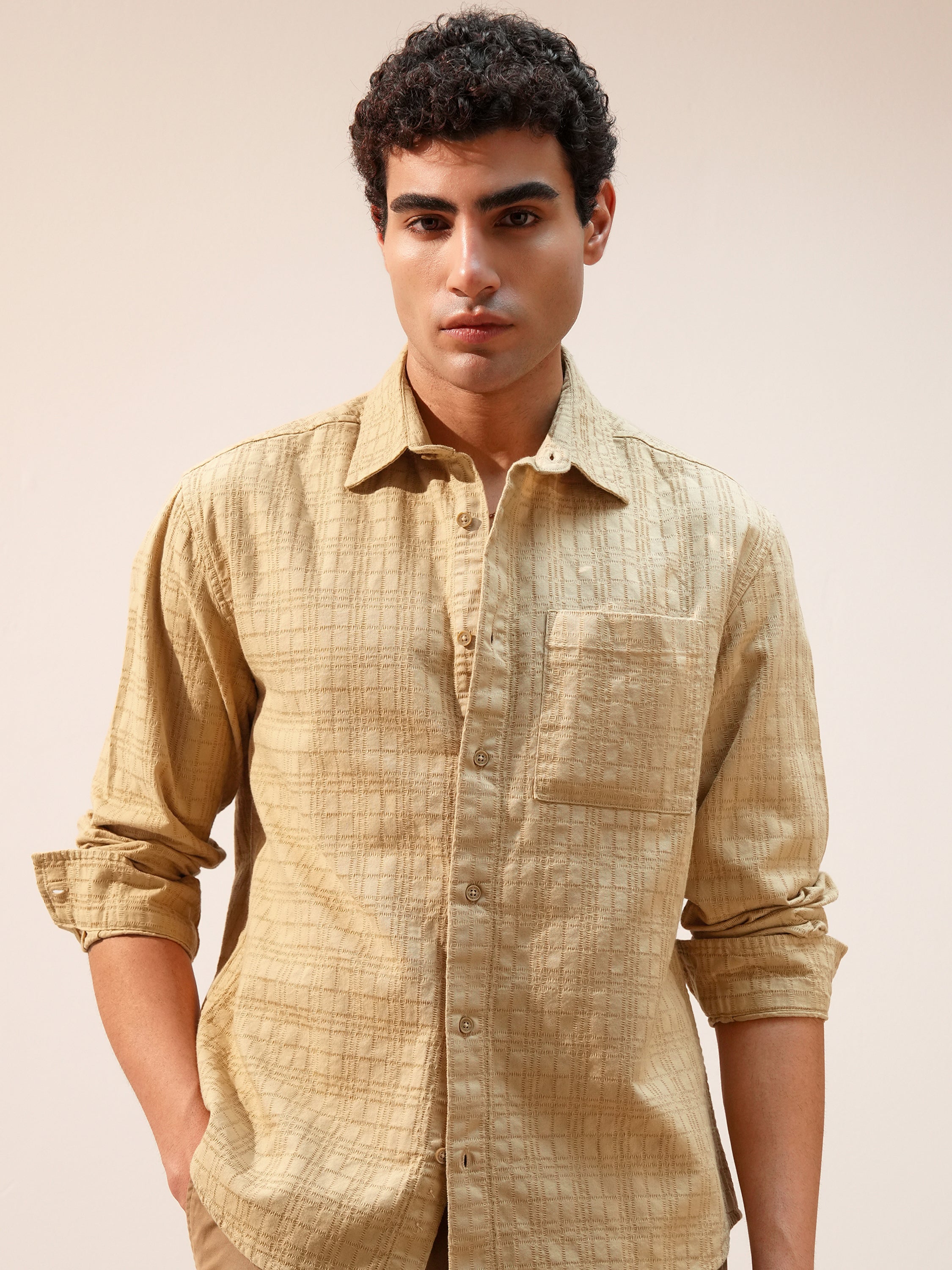 Highlander Men Beige Self Design Relaxed Fit Casual Shirt - Beige - Image 1