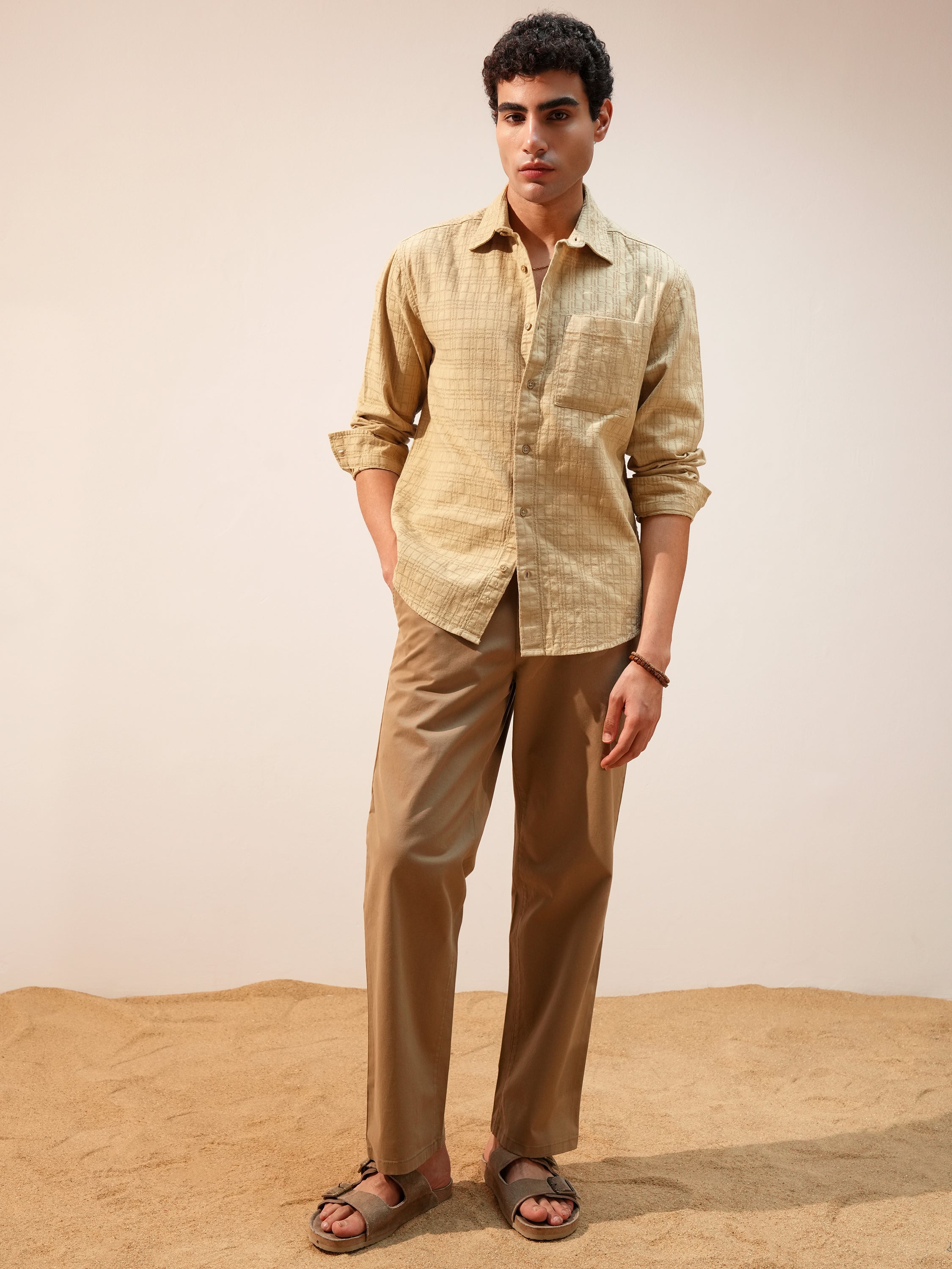 Highlander Men Beige Self Design Relaxed Fit Casual Shirt - Beige - Image 2