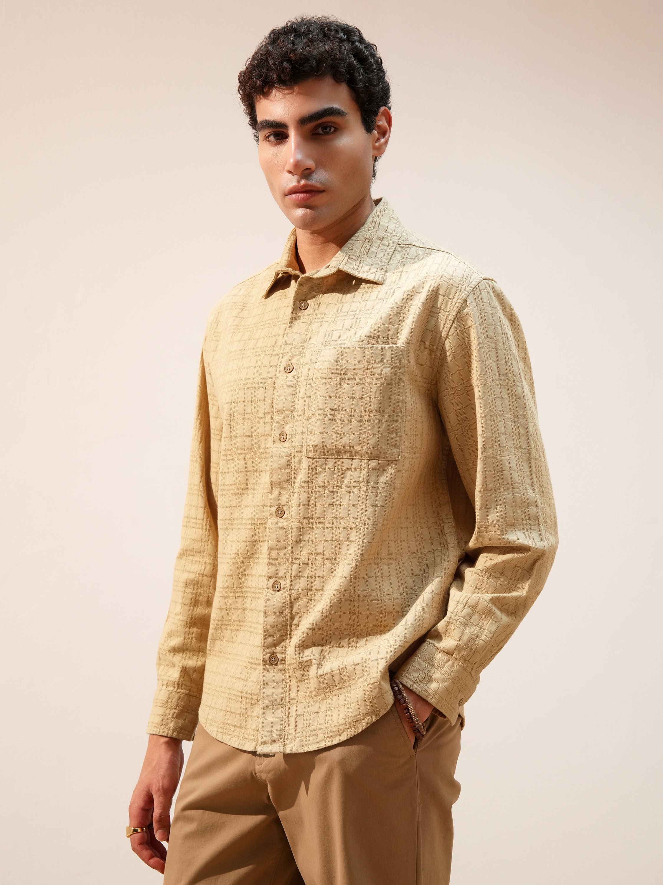 Highlander Men Beige Self Design Relaxed Fit Casual Shirt - Beige - Image 4