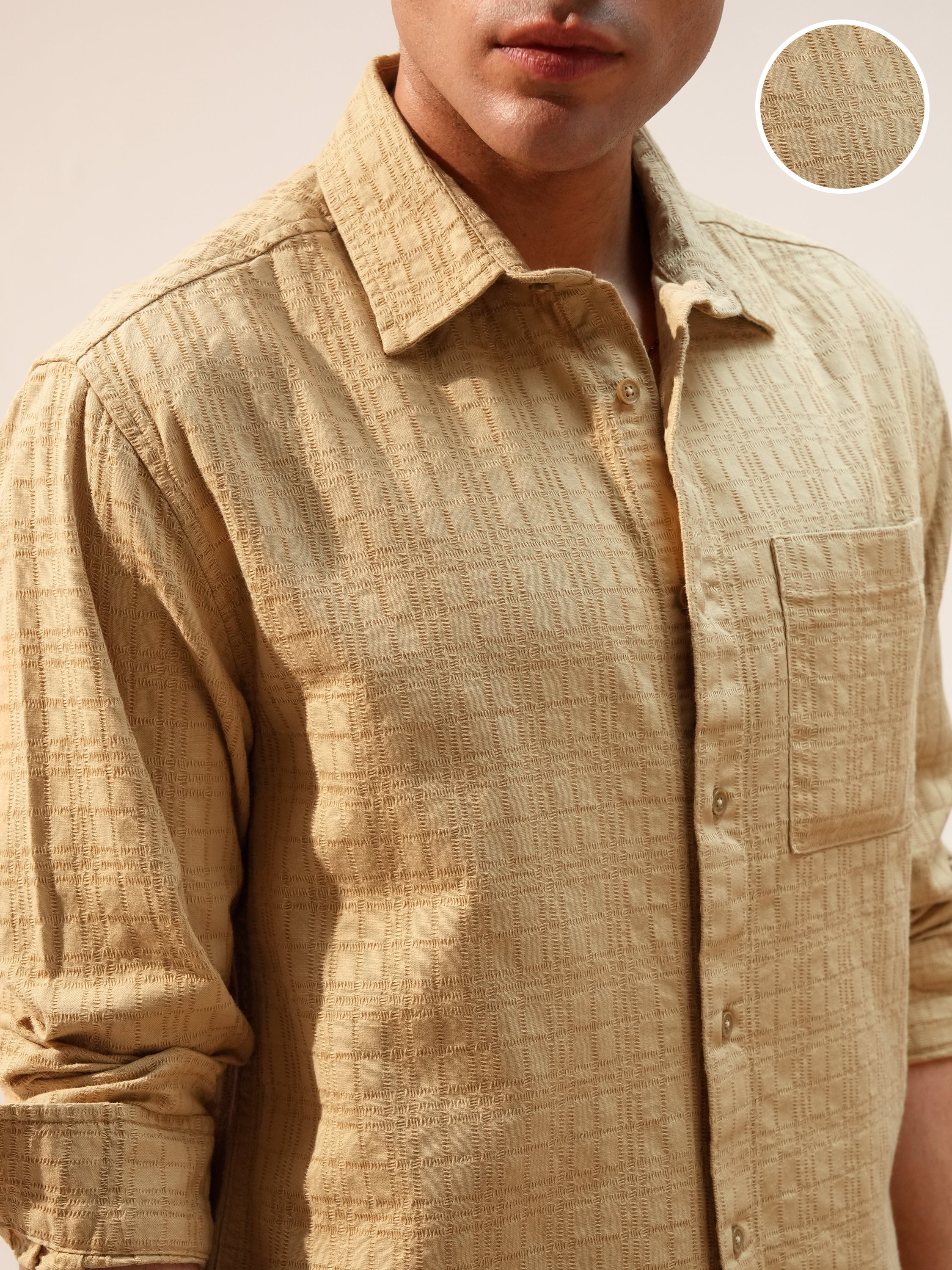 Highlander Men Beige Self Design Relaxed Fit Casual Shirt - Beige - Image 5