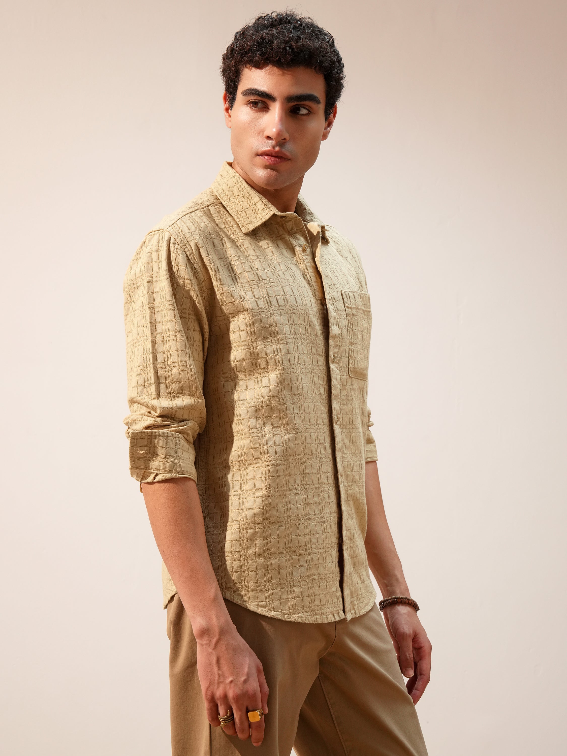 Highlander Men Beige Self Design Relaxed Fit Casual Shirt - Beige - Image 6