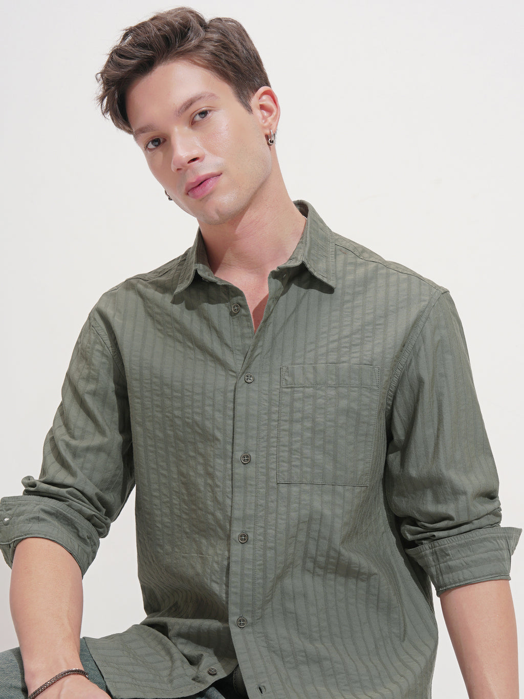 Highlander Men Olive Striped Relaxed Fit Casual Shirt - Olive - Image 1
